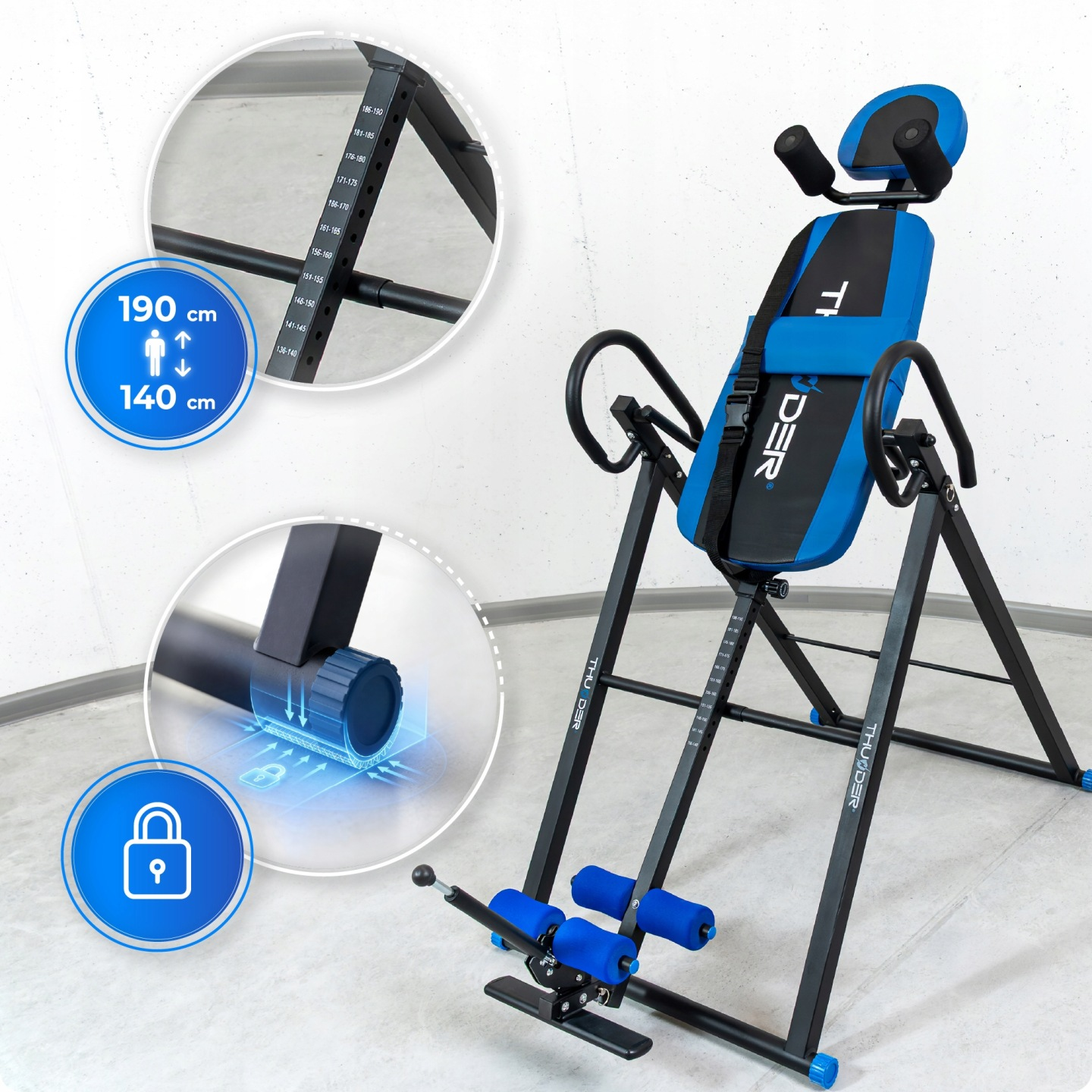 Niebiesko-czarny stół inwersyjny z wyściółką i oznaczeniami regulacji.