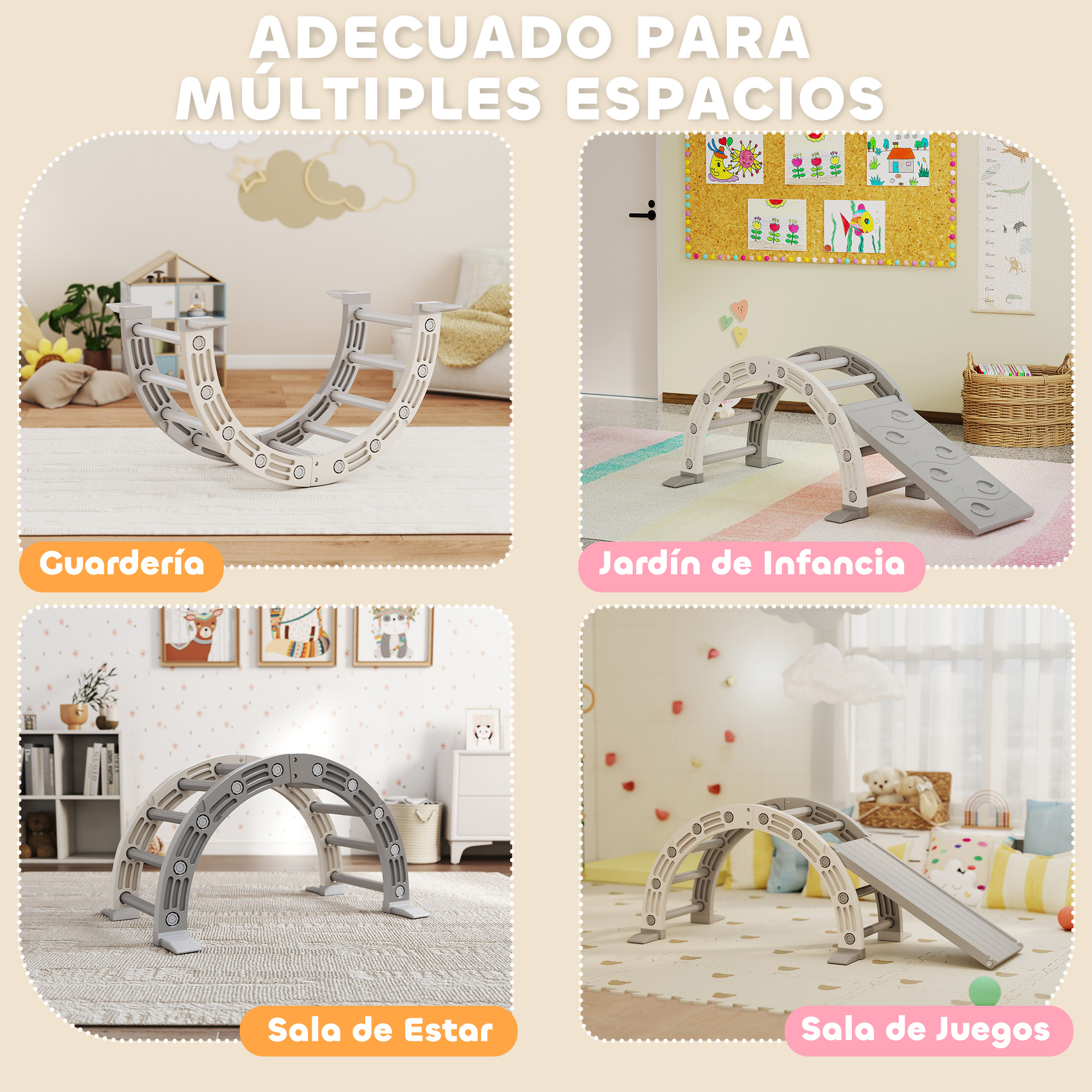Cuatro escenas muestran equipo de juego infantil en distintas habitaciones.