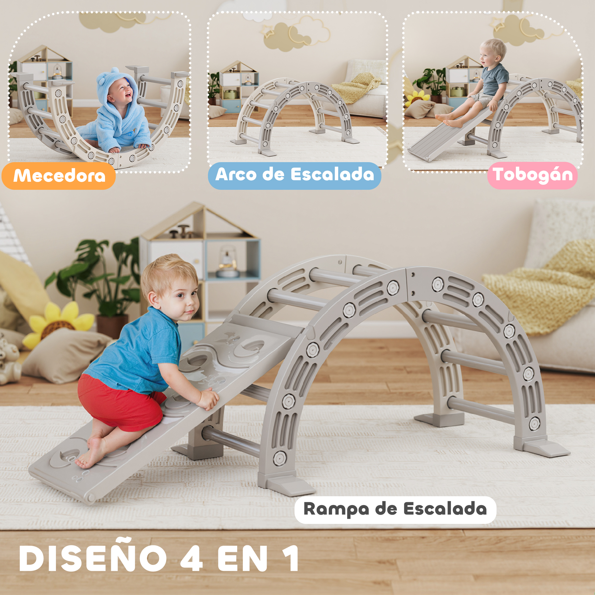 Un niño trepa una rampa gris, parte de una estructura de juego infantil.