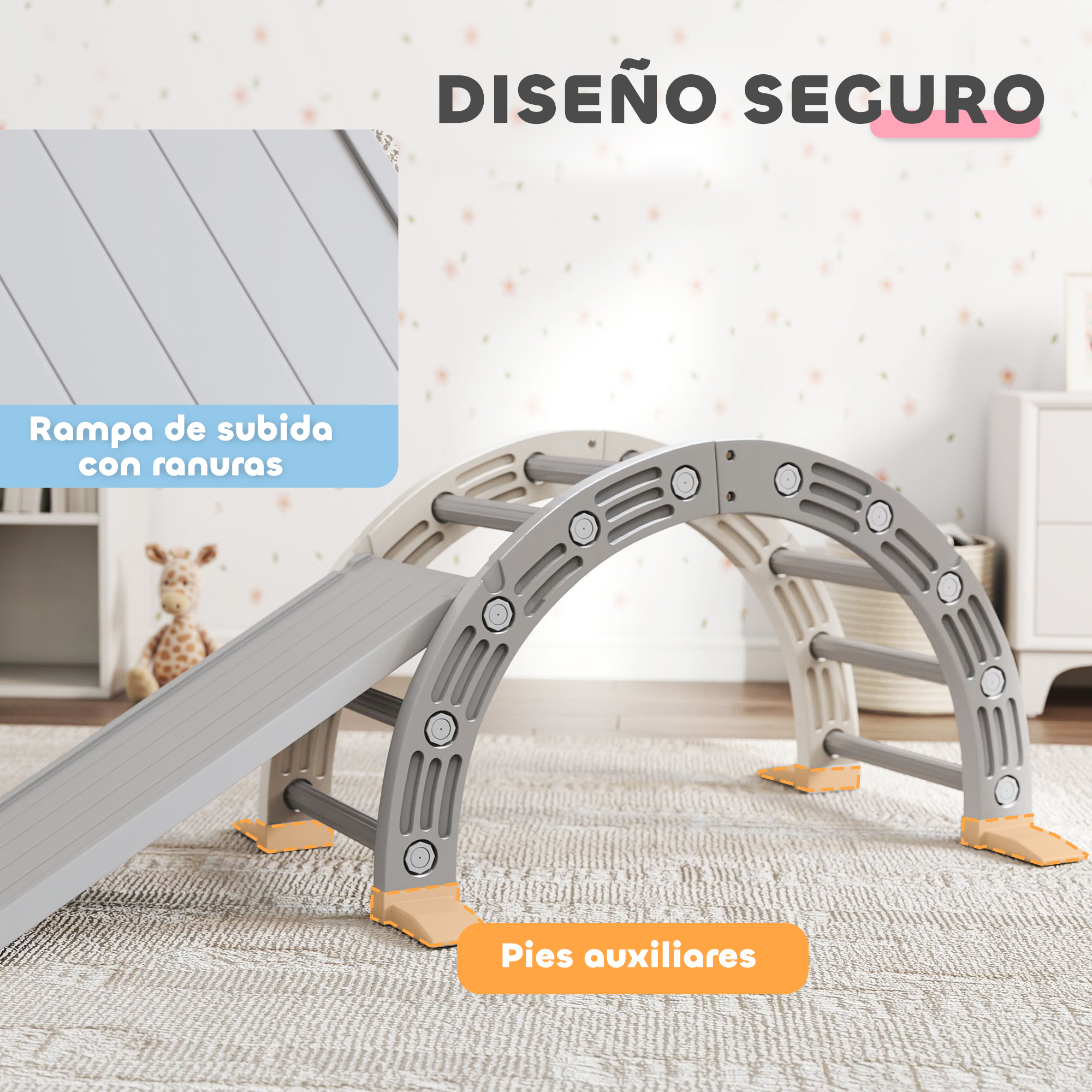 Un juguete de escalada gris arqueado con rampa sobre alfombra. Texto: 'DISEÑO SEGURO'.