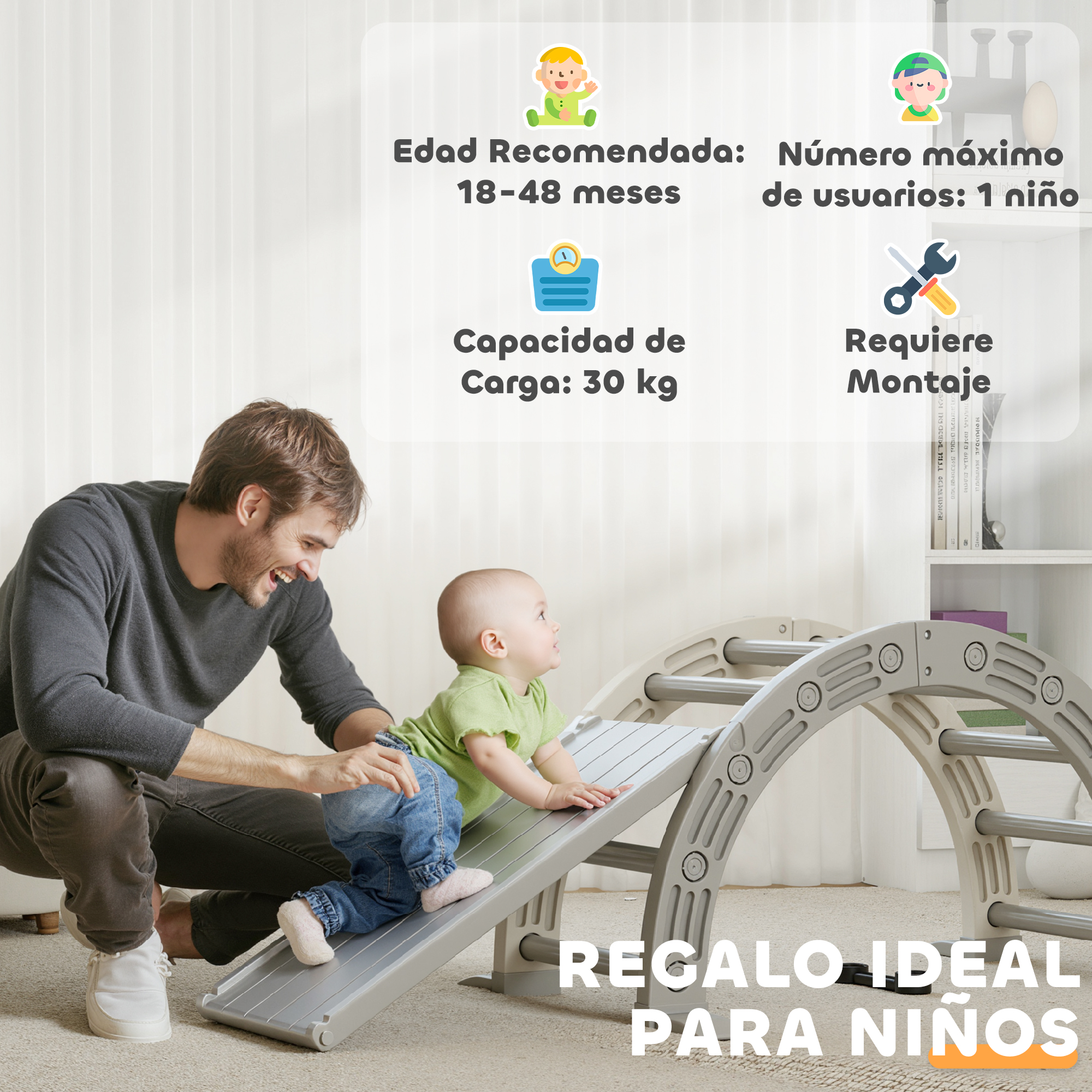 Un hombre ayuda a un bebé a subir una estructura de juego gris. Texto indica edad, peso, usuarios.