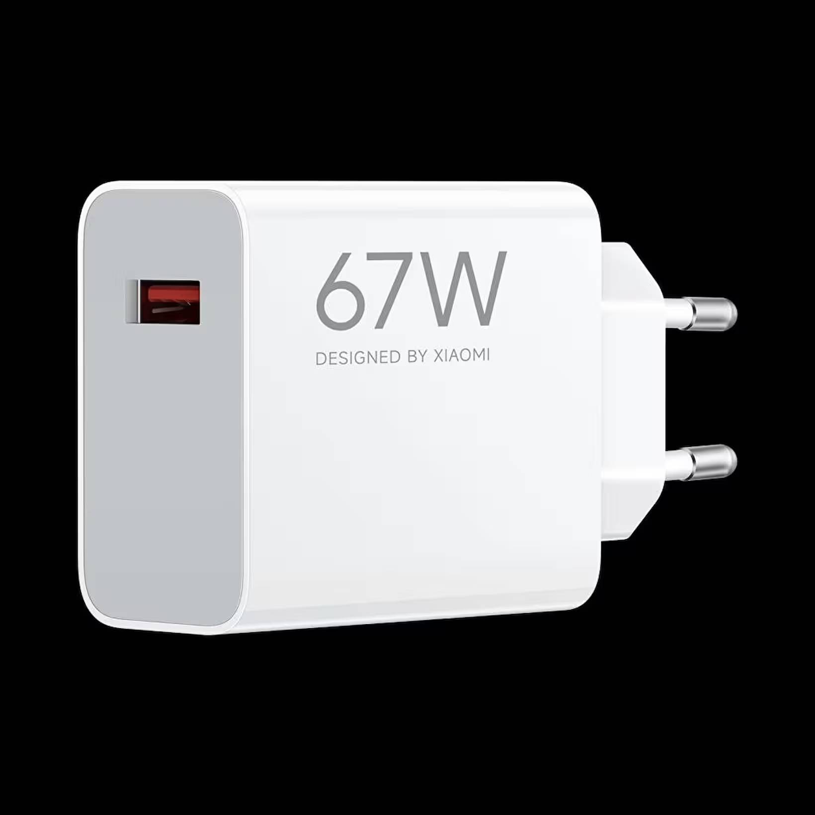 Kırmızı USB portlu ve gümüş pinli beyaz 67W Xiaomi adaptör.