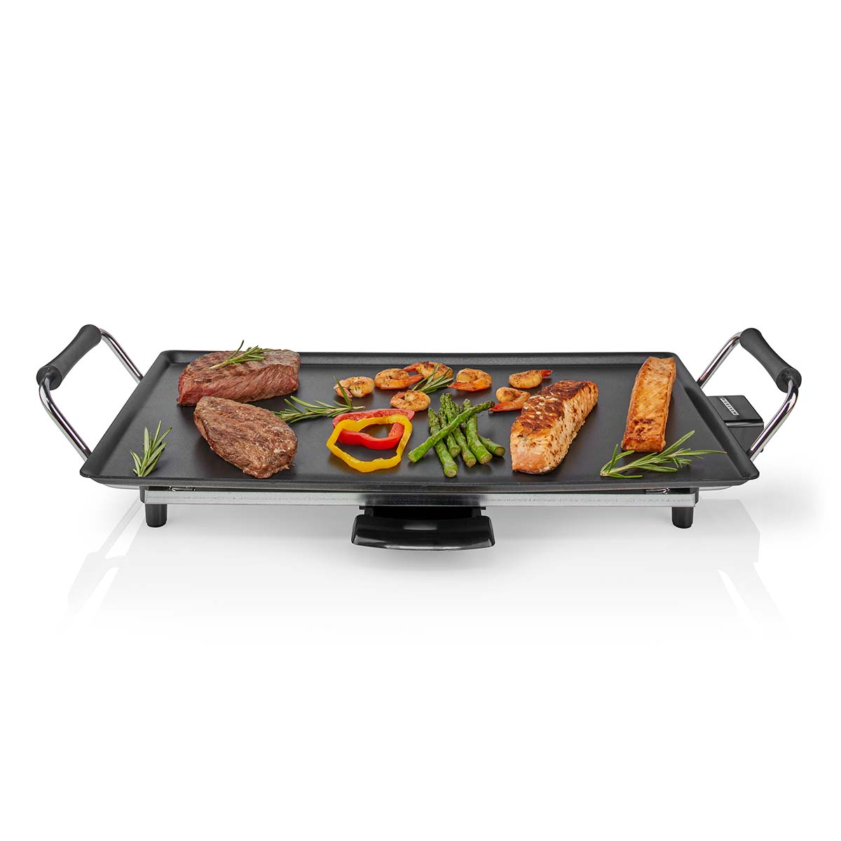 Electric grill with steaks, salmon, shrimp, asparagus and peppers.