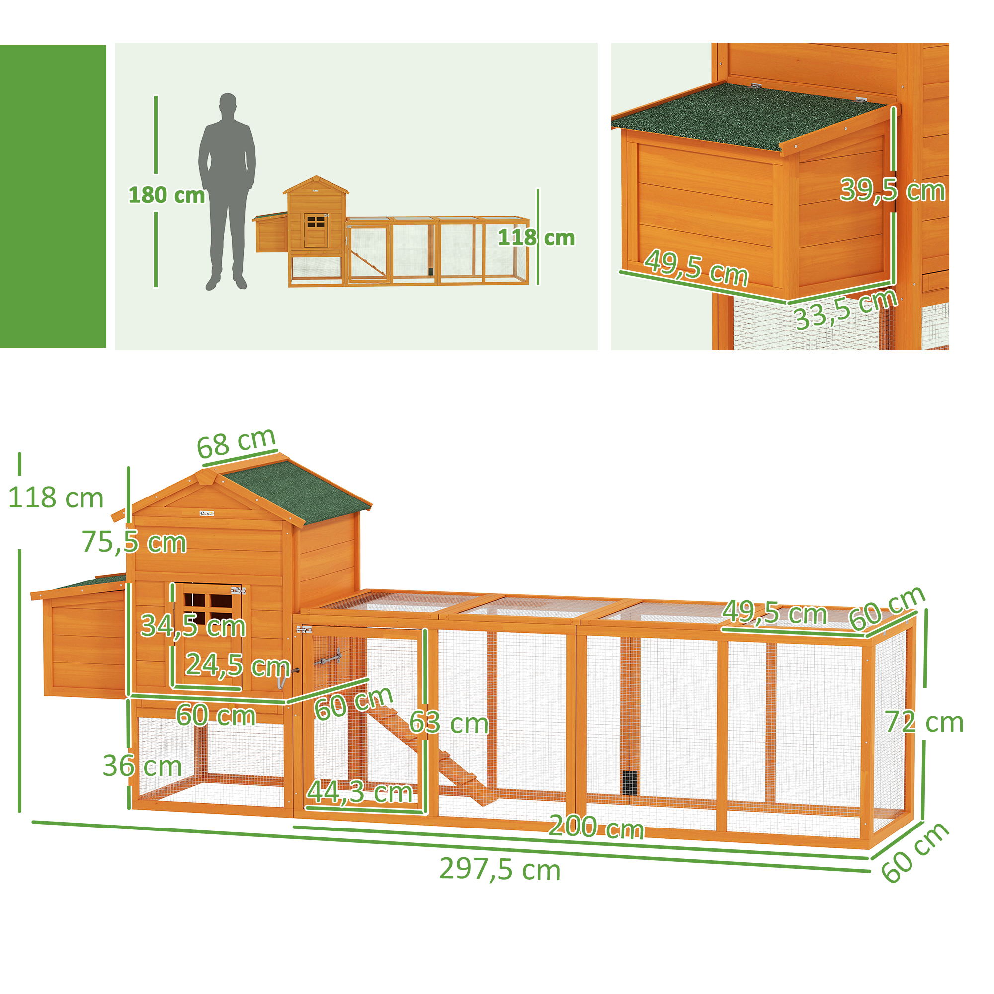 Un gran gallinero de madera con corral y medidas.