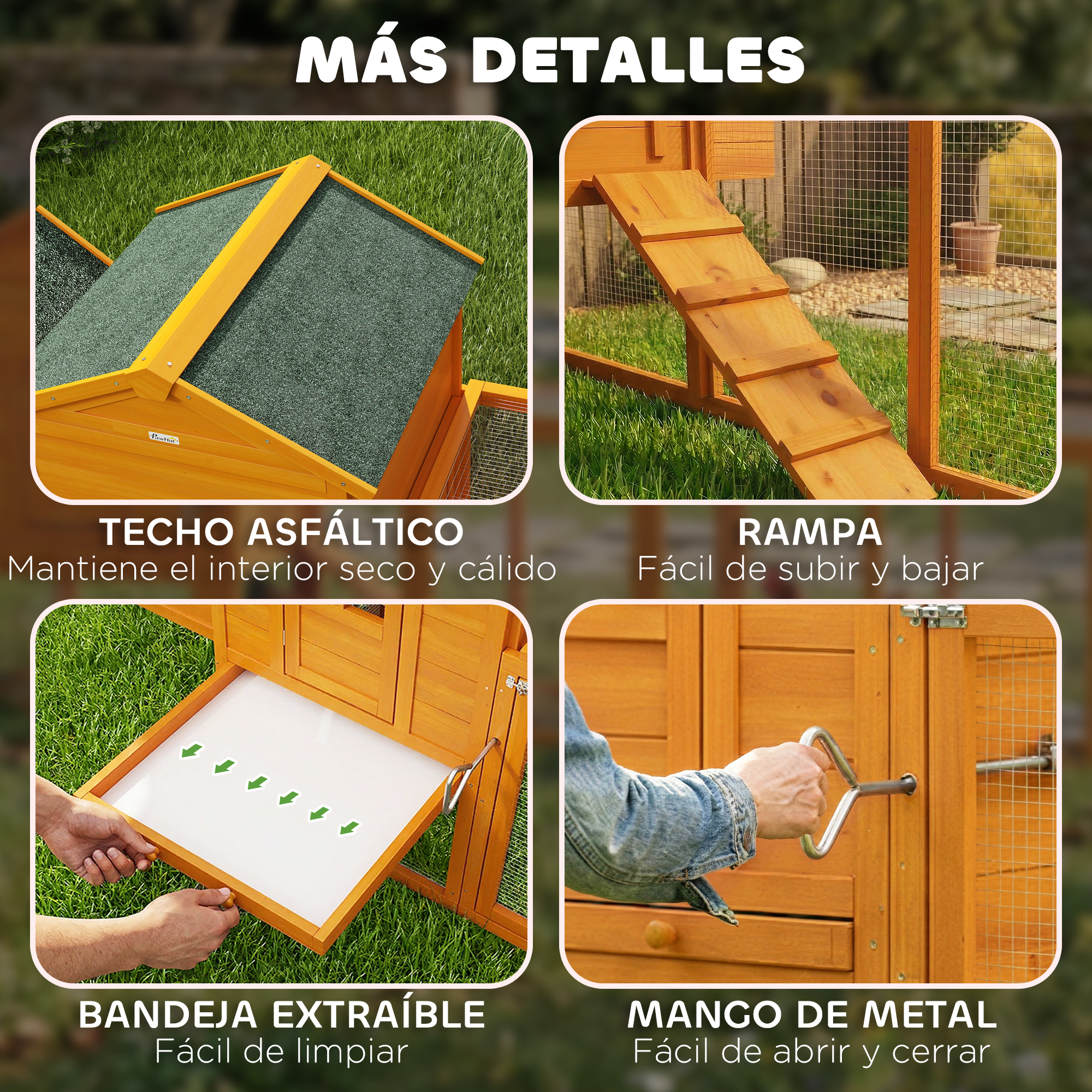Detalles de gallinero de madera: techo asfáltico, rampa, bandeja extraíble.