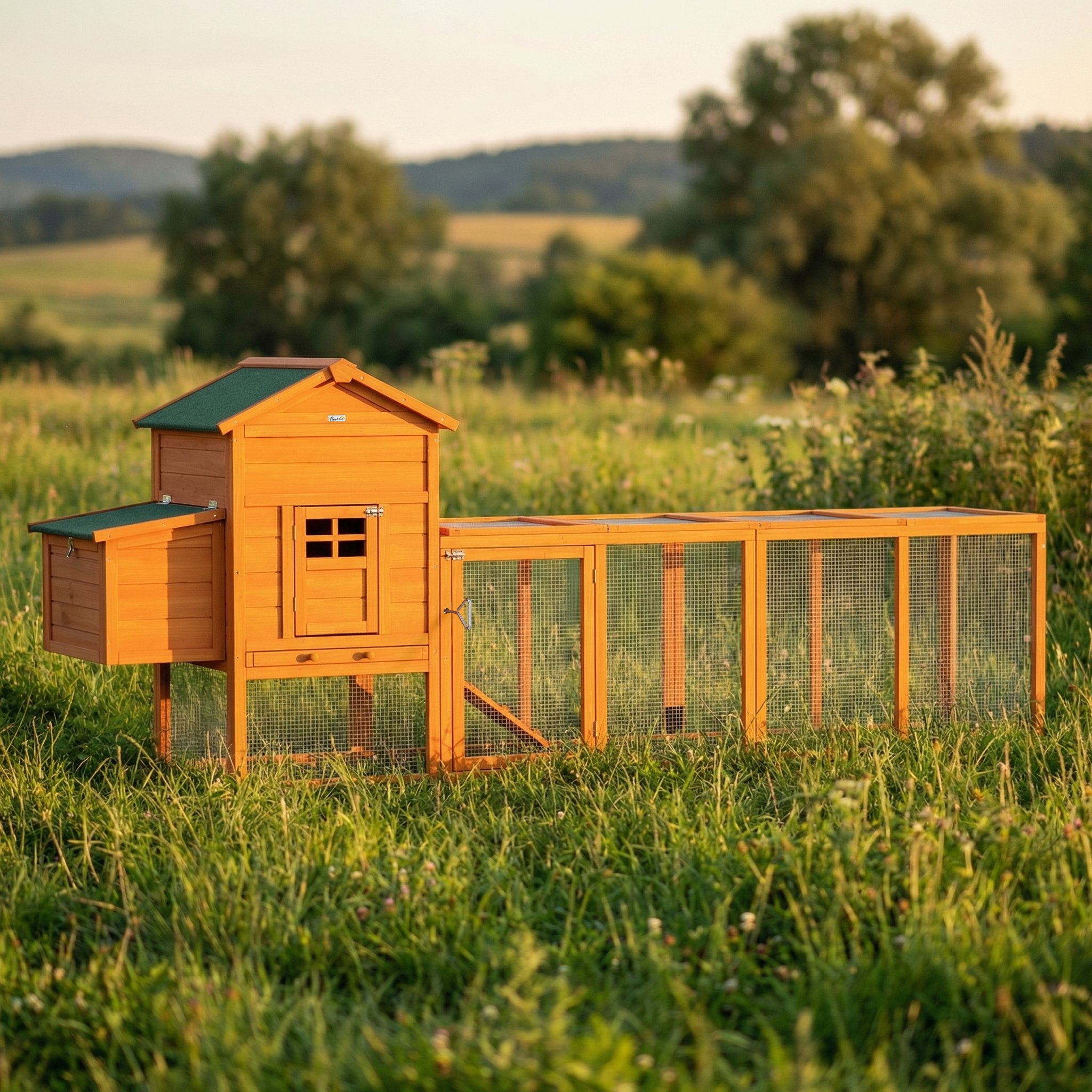 Un gallinero de madera con techo verde se asienta en un campo de hierba.