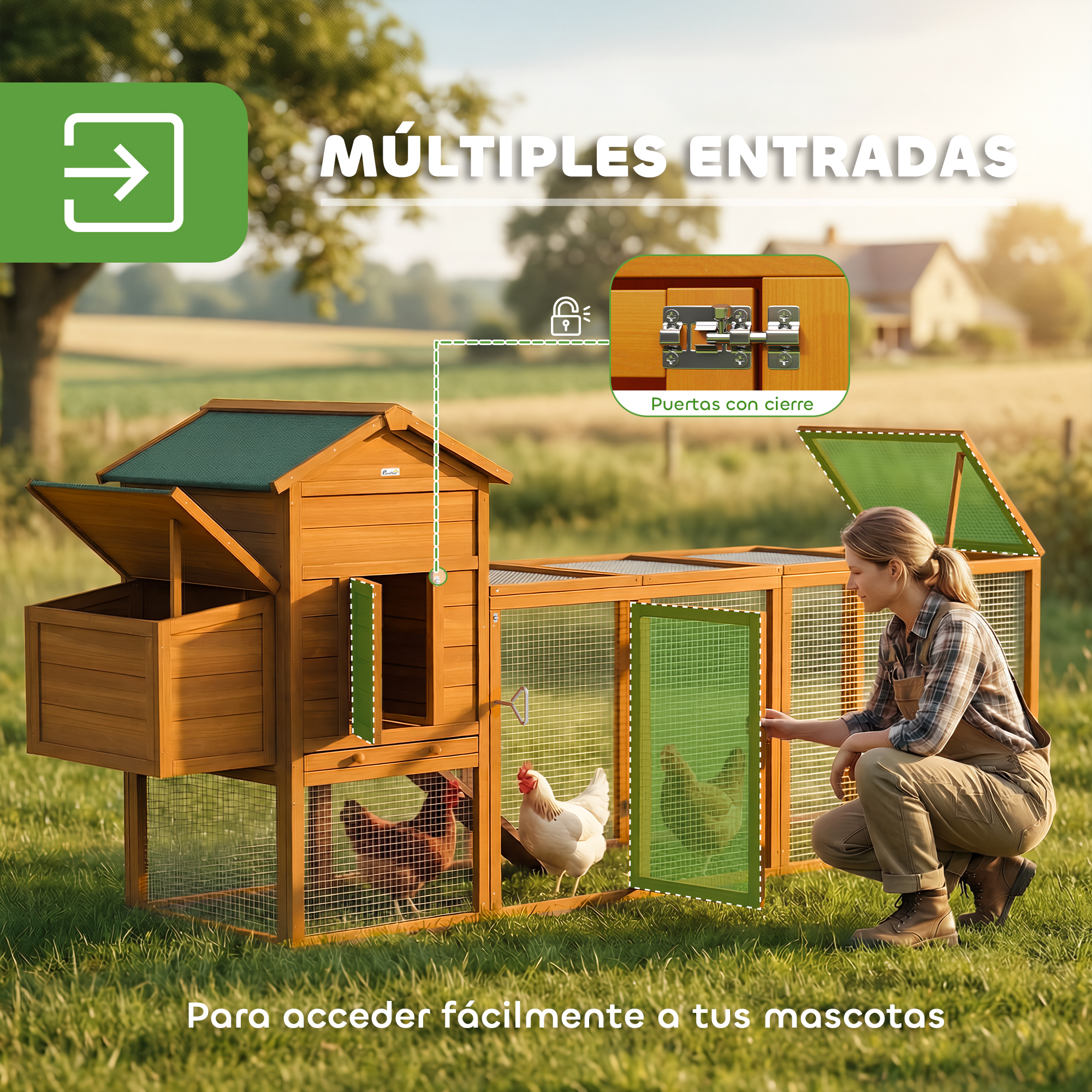 Gallinero de madera al aire libre con pollos y una mujer.