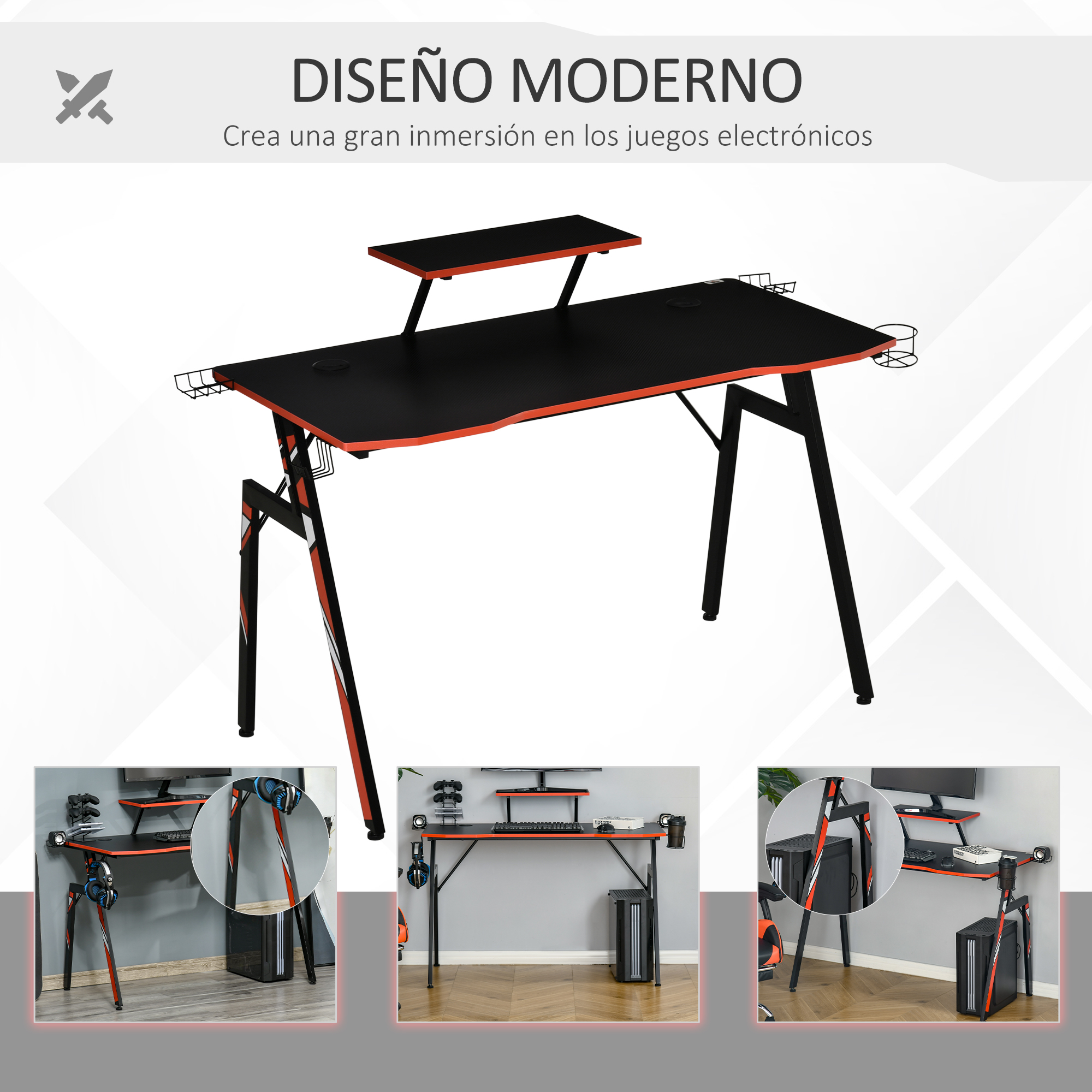 Moderno escritorio negro con ribete rojo, con estantes y portavasos.