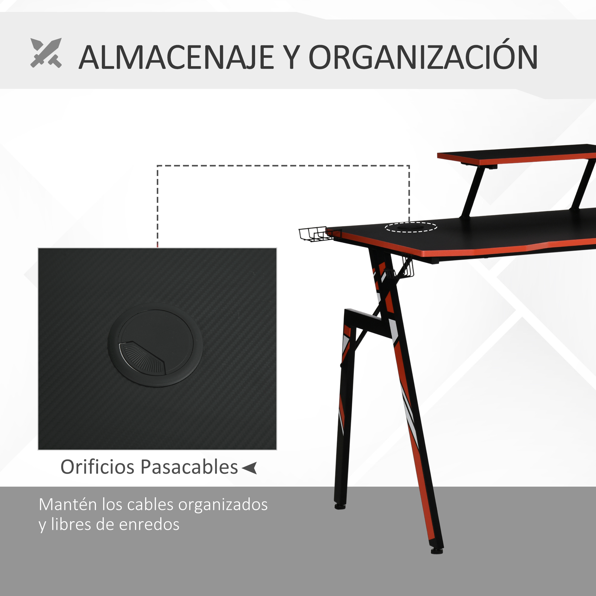 Escritorio negro con detalles rojos y orificio para cables. Ideal para organización.