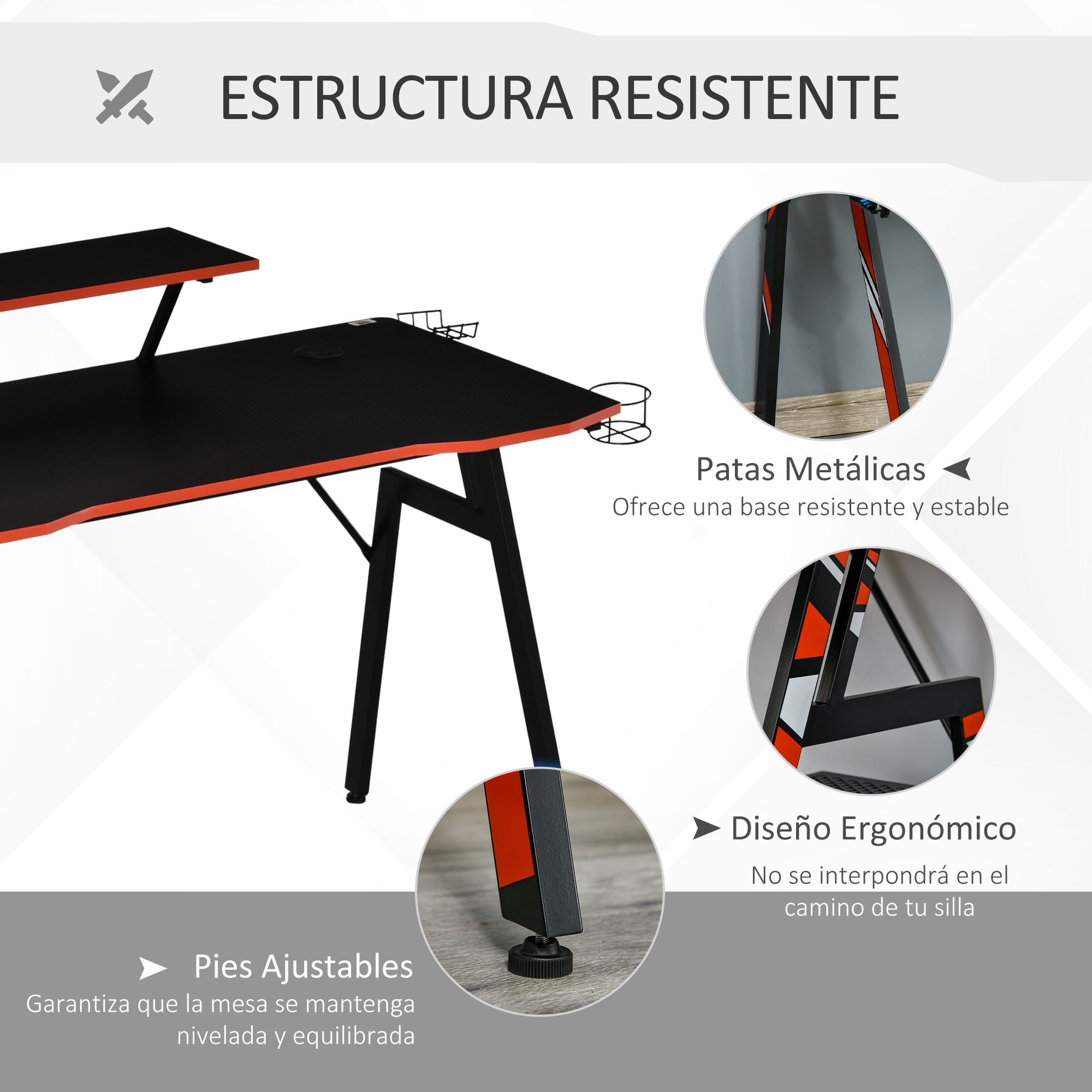 Escritorio negro con detalles rojos, patas ajustables y metálicas.