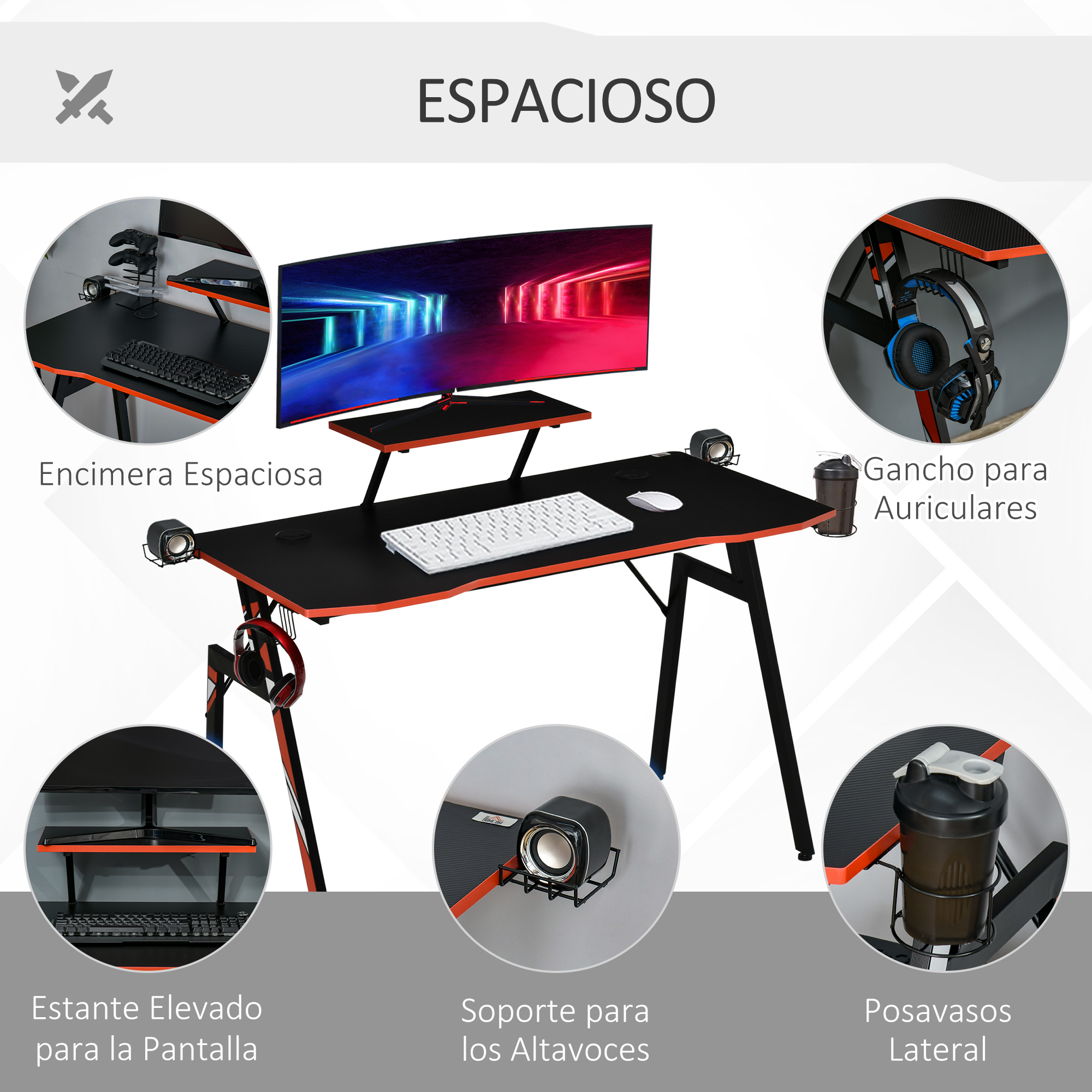 Escritorio gaming negro con detalles naranjas, monitor, teclado, ratón y accesorios.