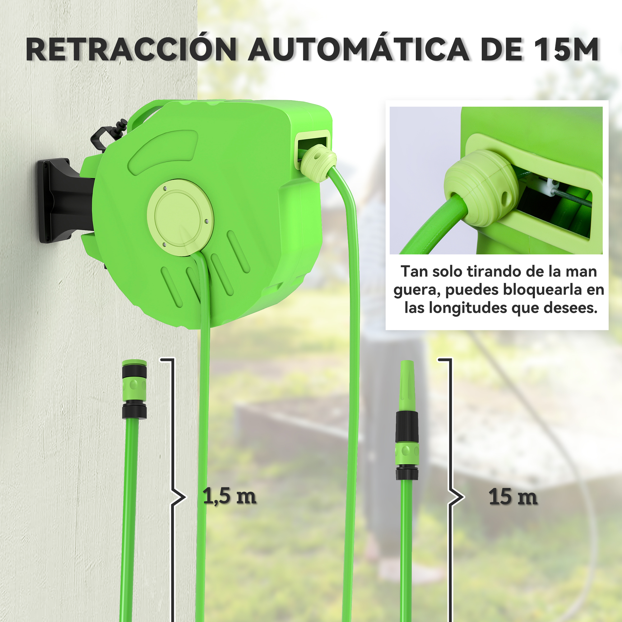 Enrollador de manguera verde en pared, mostrando 1,5m y 15m de longitud.
