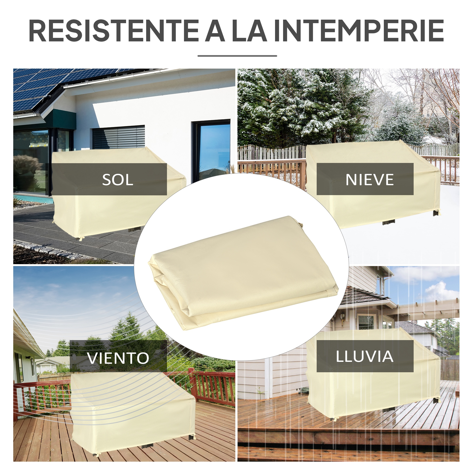 Una cubierta beige para muebles que protege del sol, nieve, viento y lluvia.