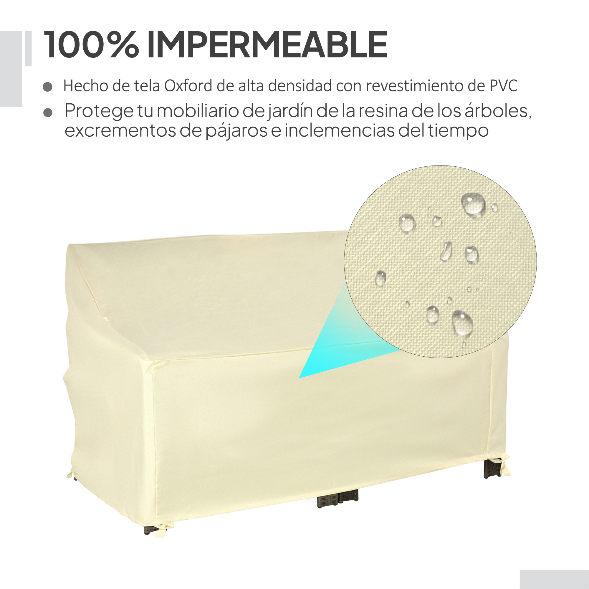 Se muestra una cubierta de muebles de exterior de color crema. Un detalle muestra gotas de agua.