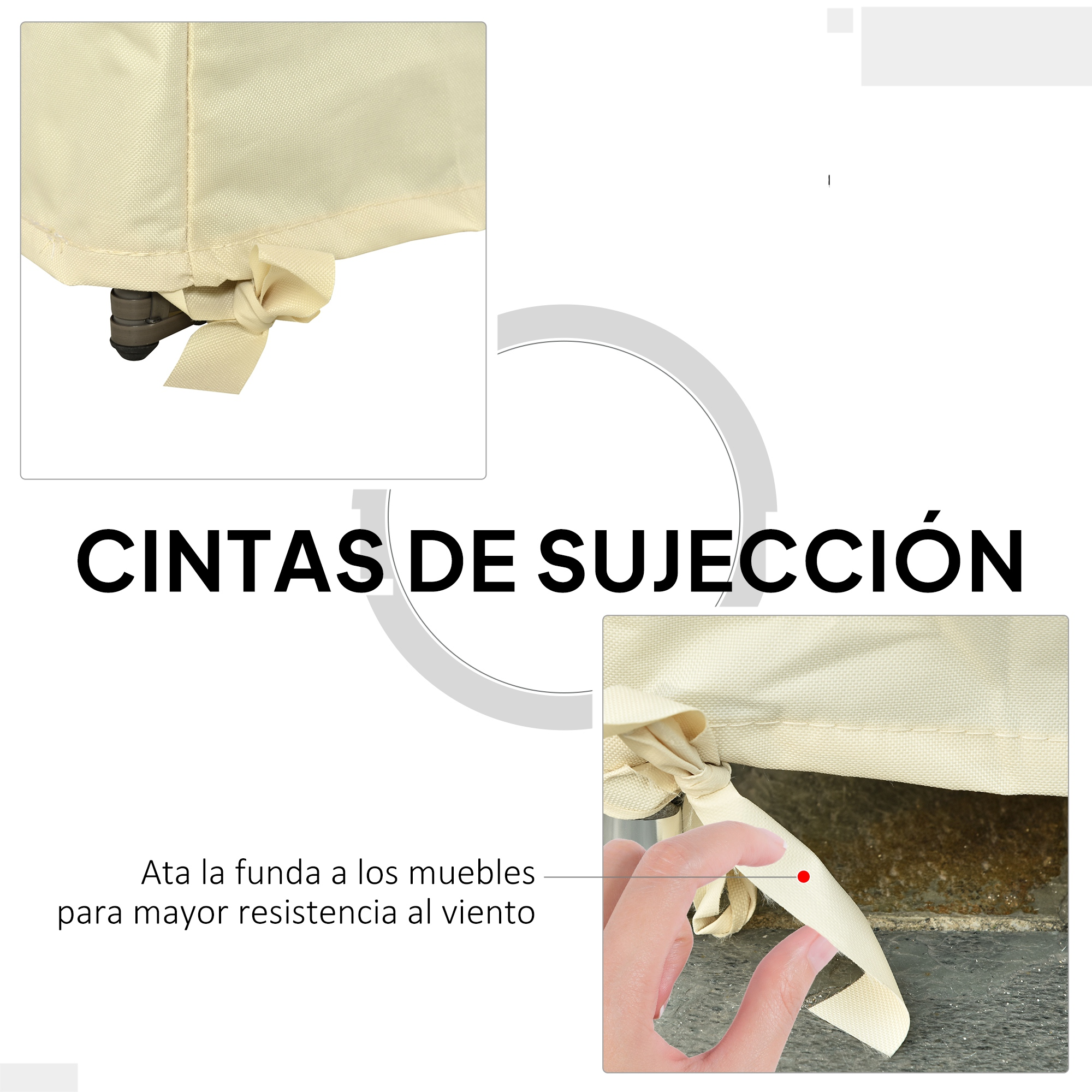 Funda beige con cinta de sujeción atada a pata de mueble.
