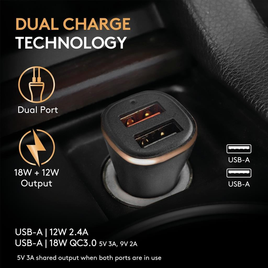 Un adattatore caricabatterie USB doppio nero per auto con accenti dorati inserito in una console centrale.