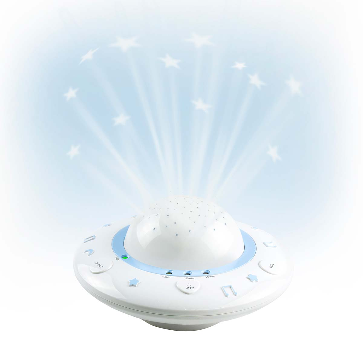 Biały projektor gwiazd z niebieskimi akcentami wyświetla gwiazdy na suficie.