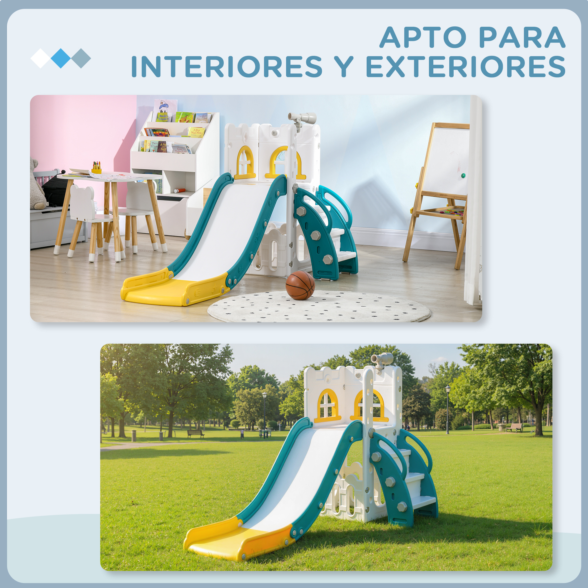 Casa de juegos con tobogán interior y exterior, baloncesto y libros.
