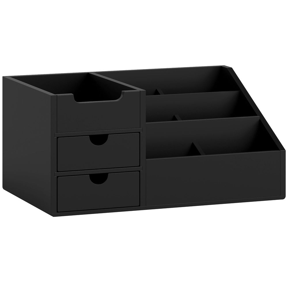 Un organizador de escritorio negro con cajones y compartimentos.