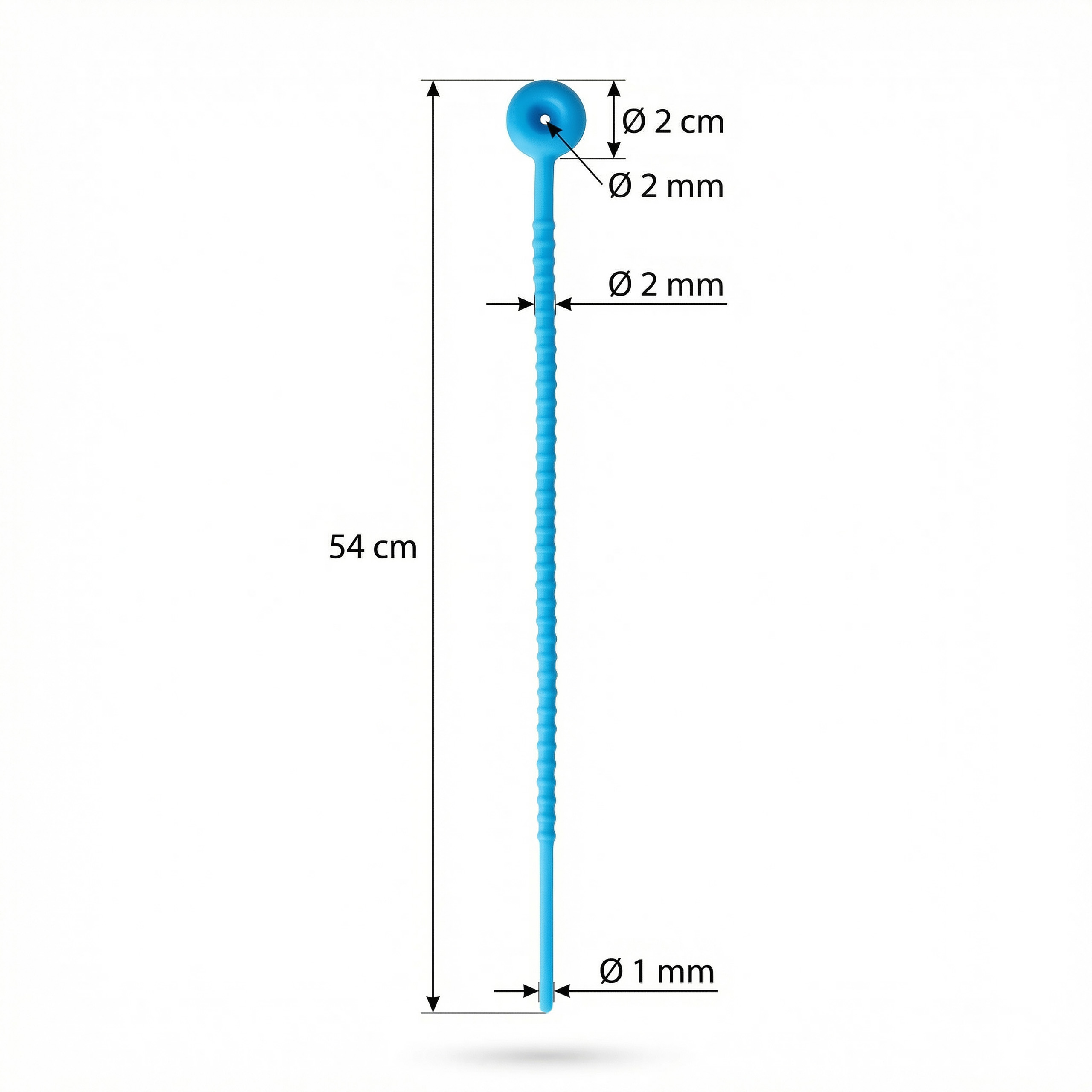 Blauer Kabelbinder, 54cm lang, mit Maßen für Durchmesser und Loch.