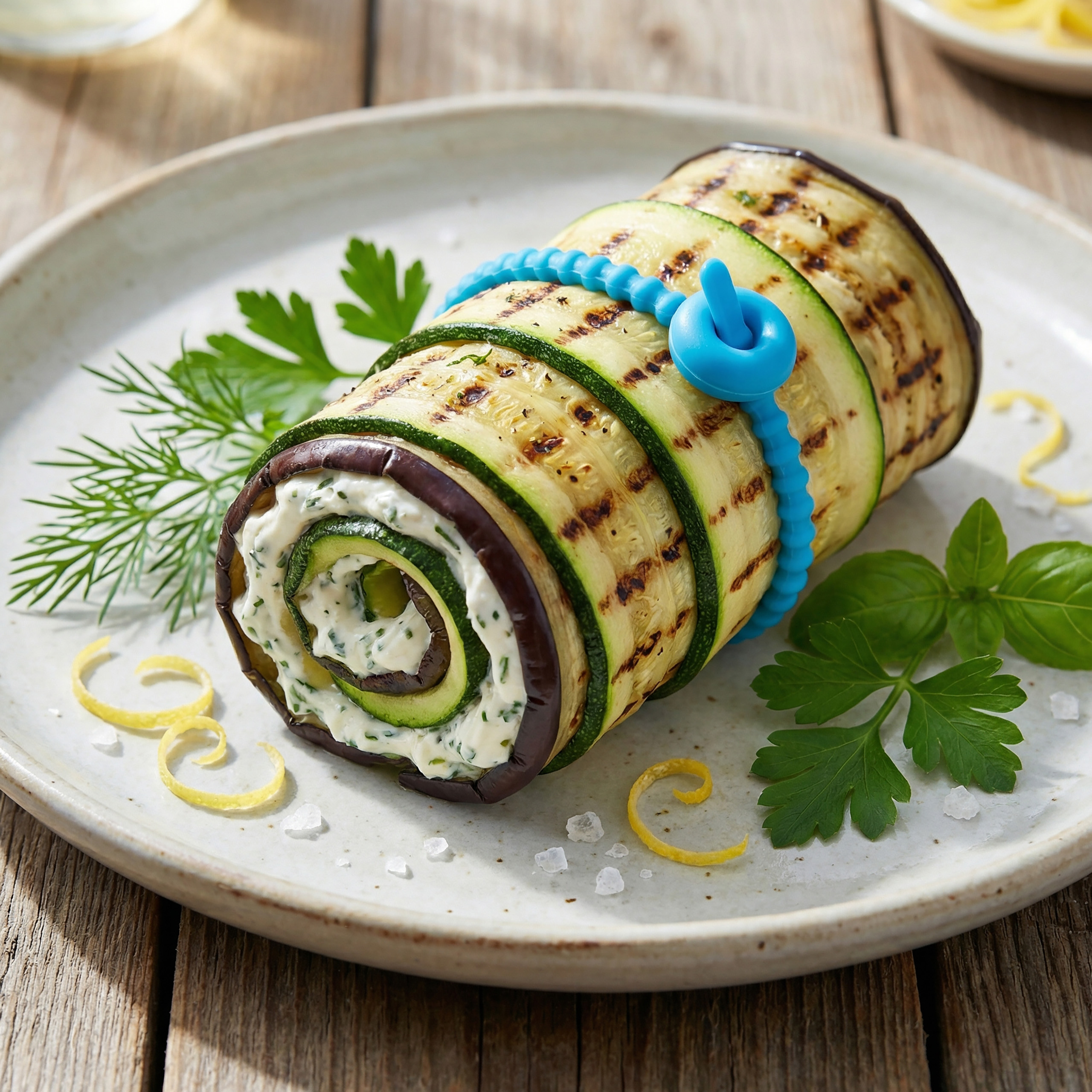 Gegrillte Auberginen- und Zucchiniröllchen mit Frischkäsefüllung, garniert mit Kräutern und Zitronenzesten.