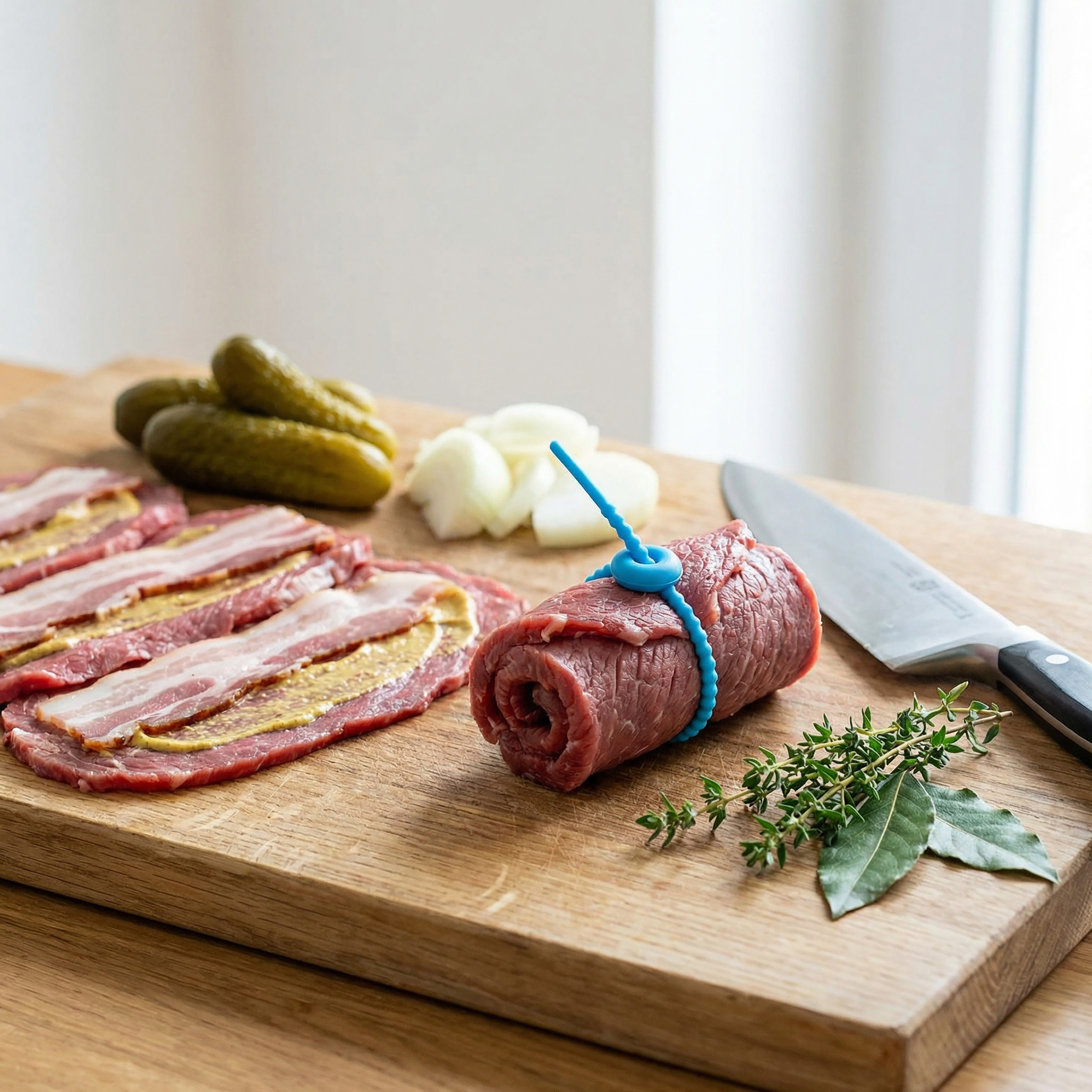 Rohe Rouladen mit Speck und Senf, dazu Gewürzgurken, Zwiebeln, Kräuter und ein Messer.
