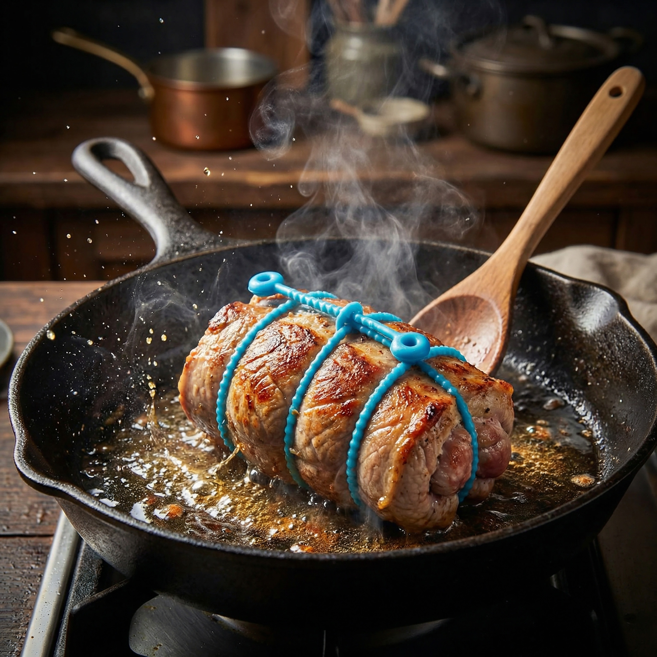 Ein Braten wird in einer Gusspfanne gebraten und dampft.