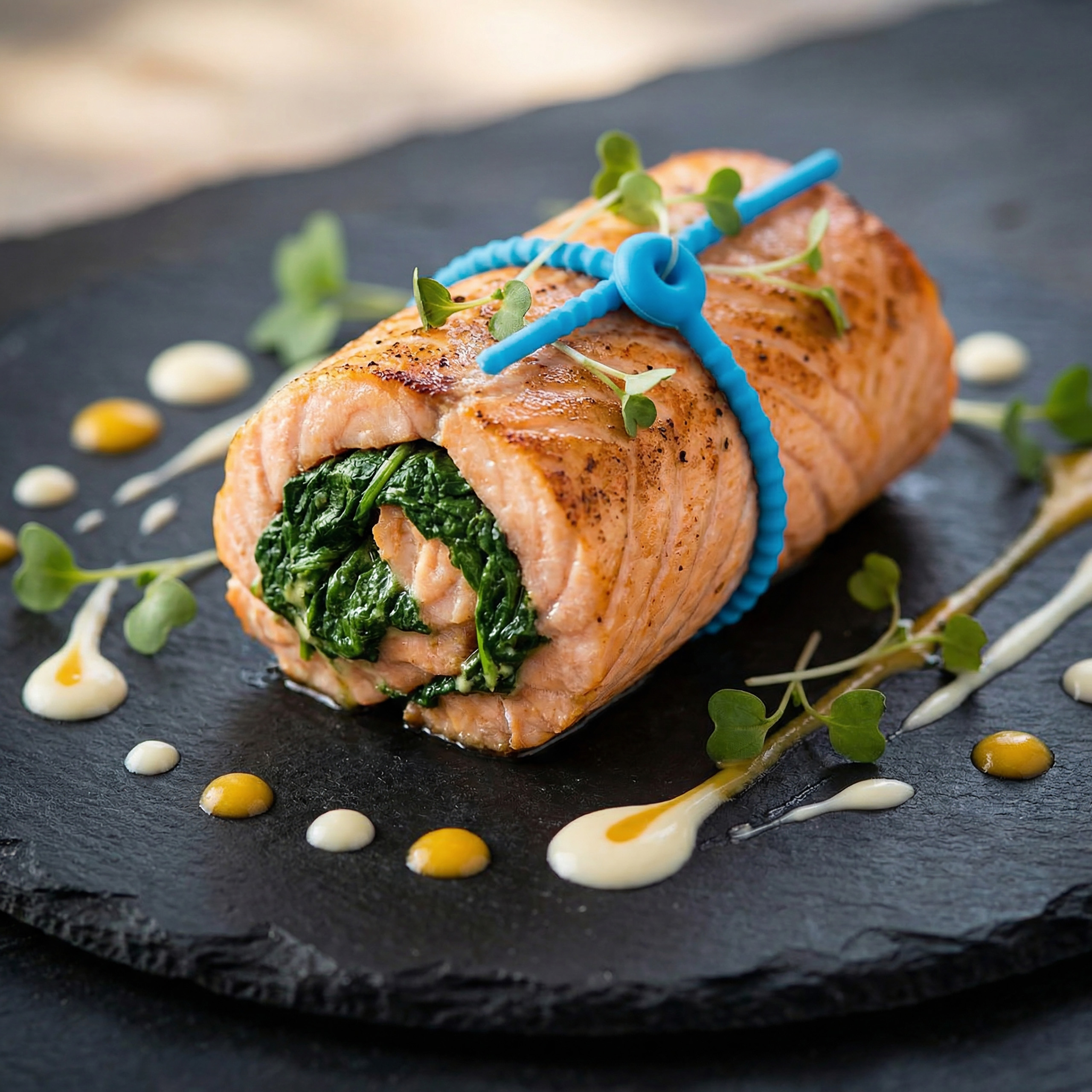 Gefülltes Lachsfilet mit Spinat, mit blauer Schnur und Kräutern auf schwarzem Stein garniert.
