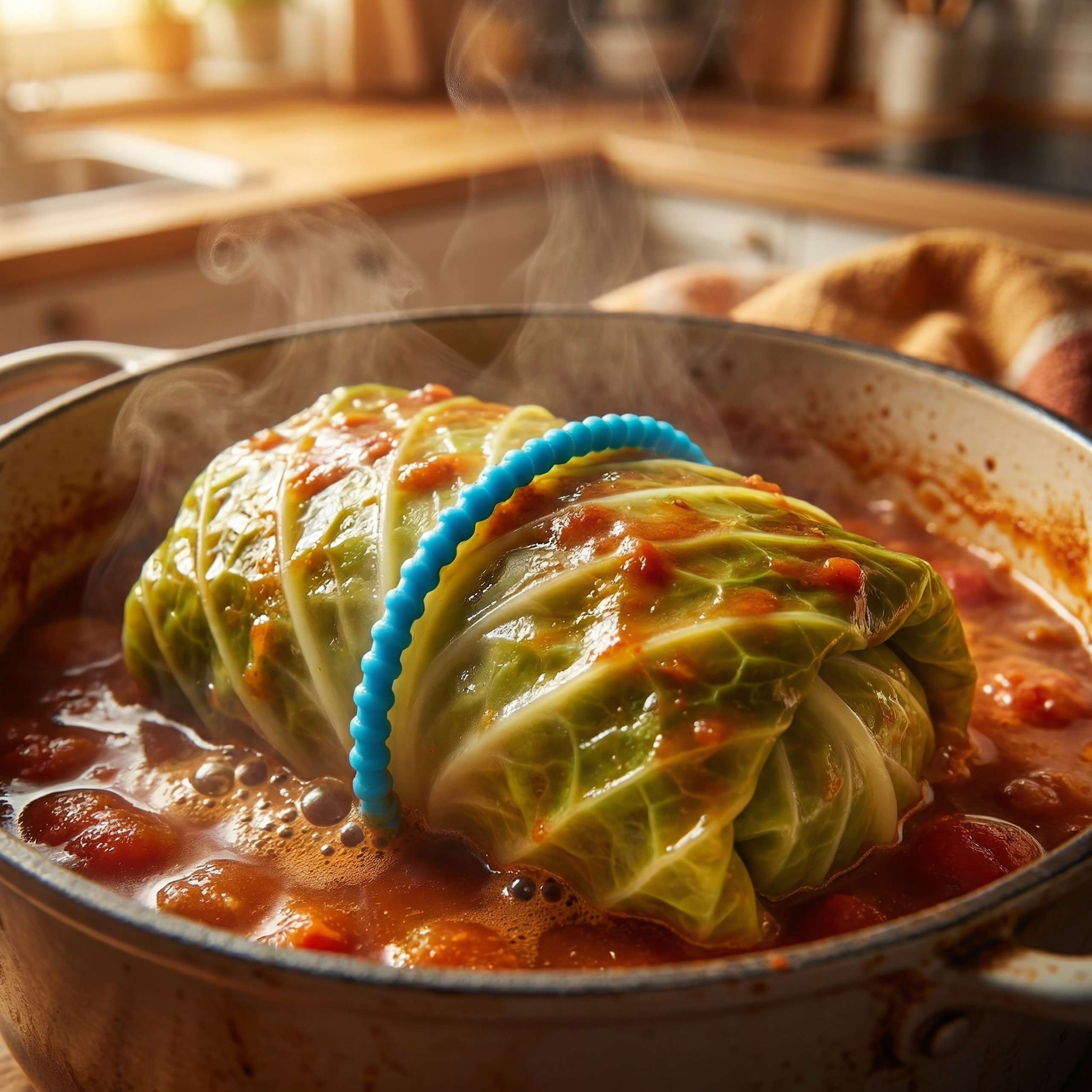 Ein Kohlroulade kocht in Tomatensoße in einem Topf, der dampft.