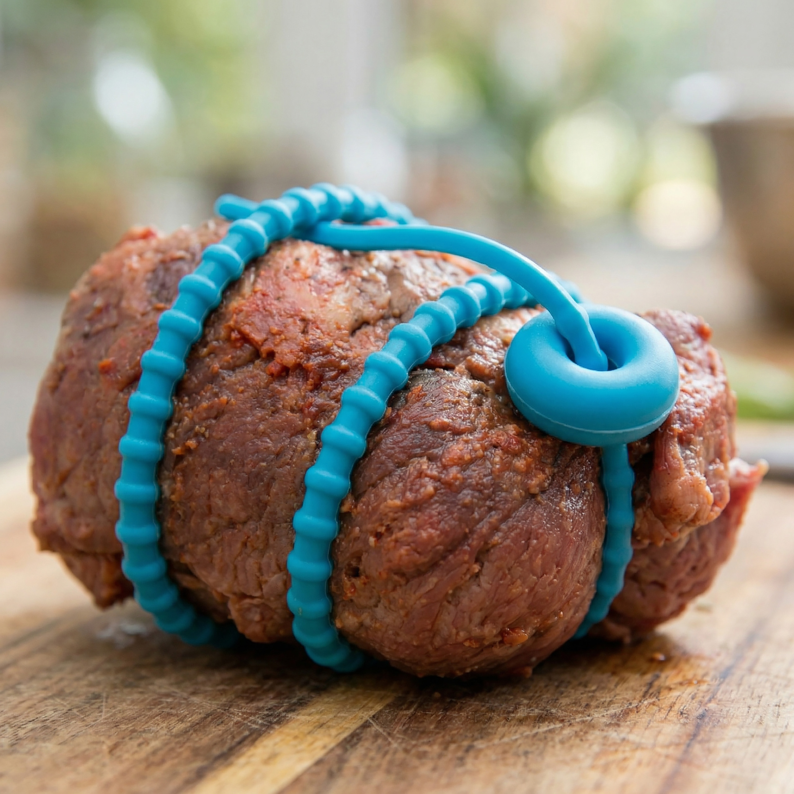Ein rohes Bratenstück mit einem blauen Silikonband auf einem Holzbrett.
