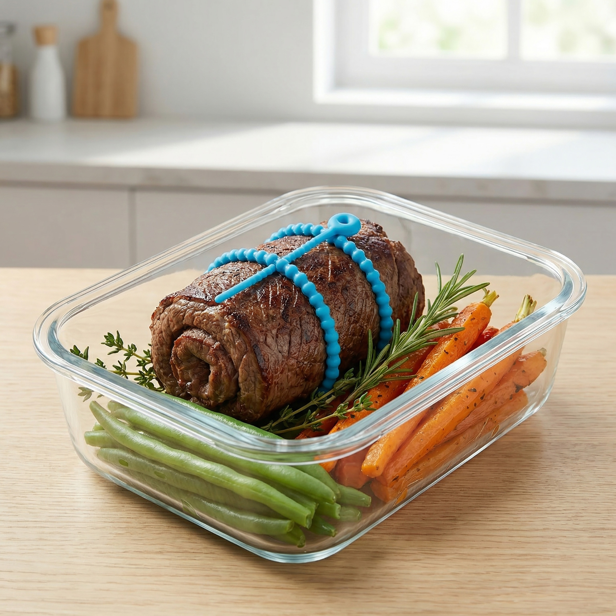Gebratenes Fleisch mit Karotten, grünen Bohnen und Rosmarin in Glasbehälter.