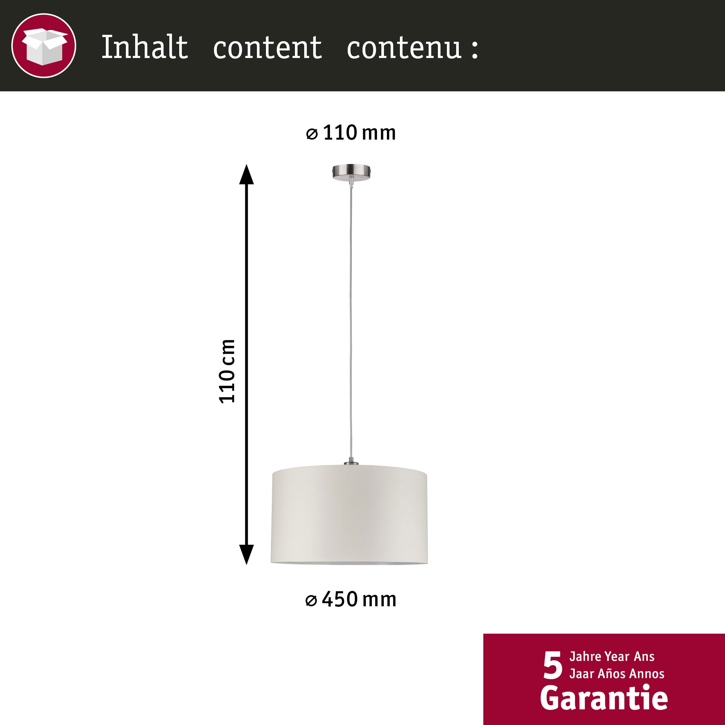 Biała lampa wisząca o średnicy 450mm i wysokości 110cm.