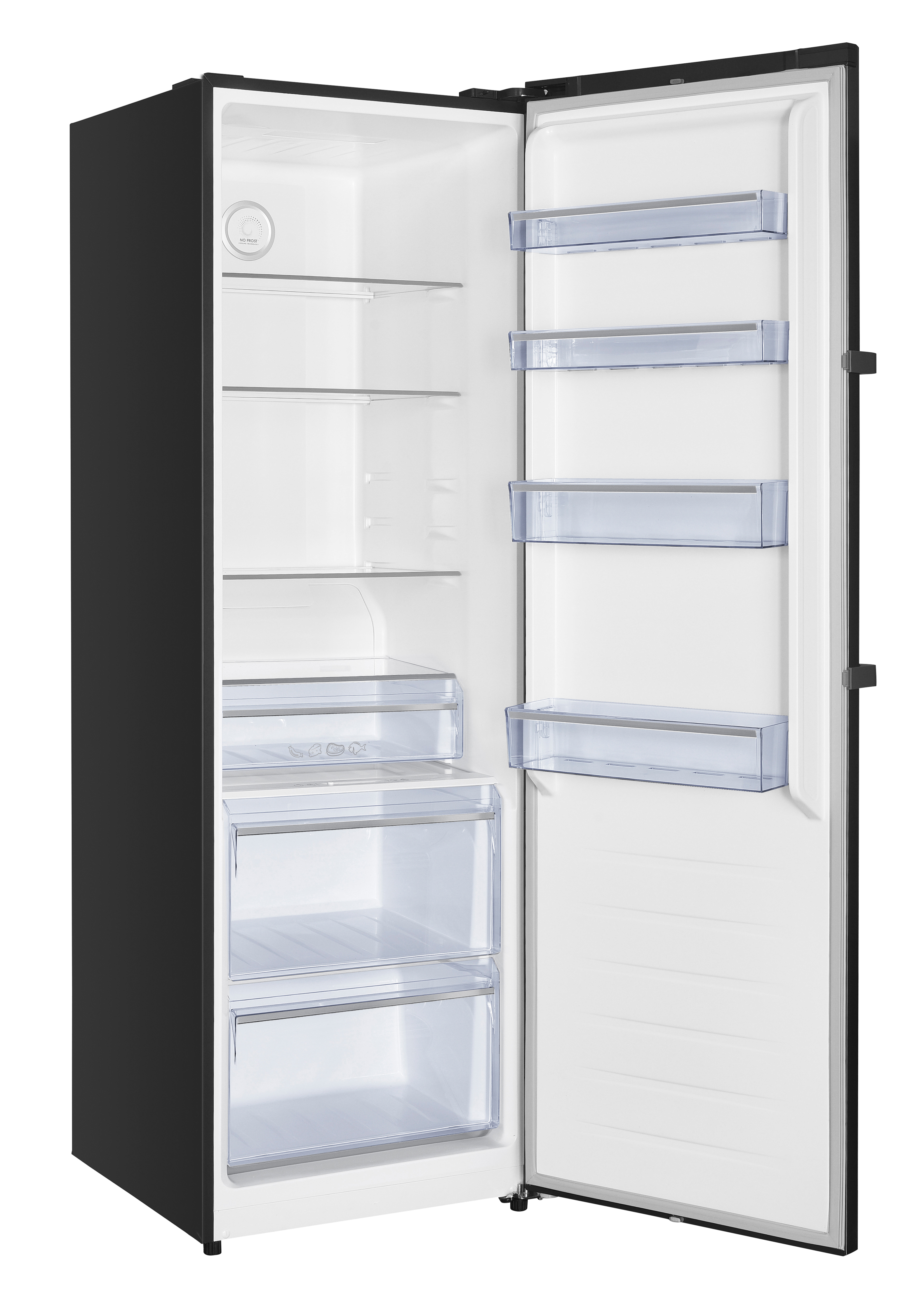 Open zwarte koelkast met glazen planken en lades. Wit interieur.