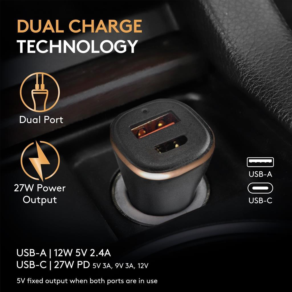 Aydınlatmalı USB-A ve USB-C bağlantı noktalarına sahip siyah çift USB araç şarj cihazı.