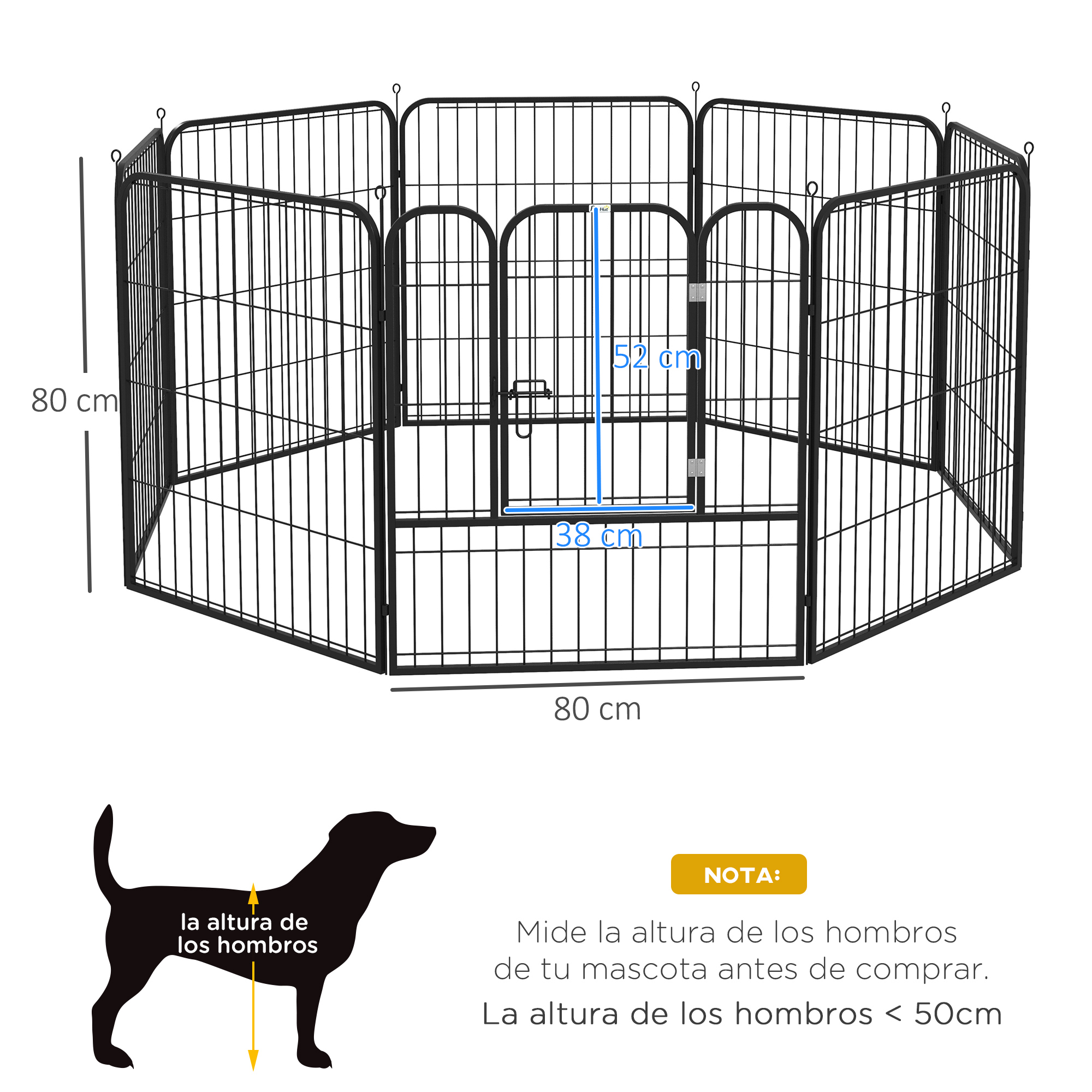 Un parque para perros negro, 80cm alto y 80cm ancho, con puertas.