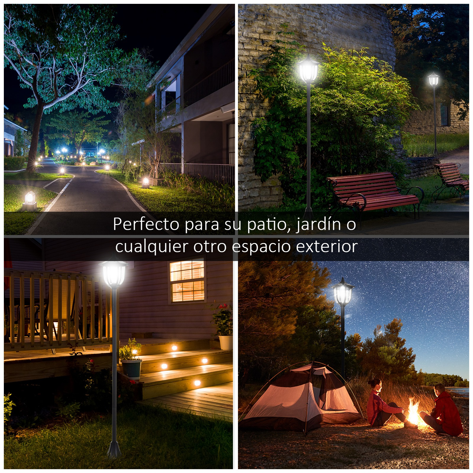 Cuatro escenas de iluminación exterior nocturna: camino, jardín, porche y camping.