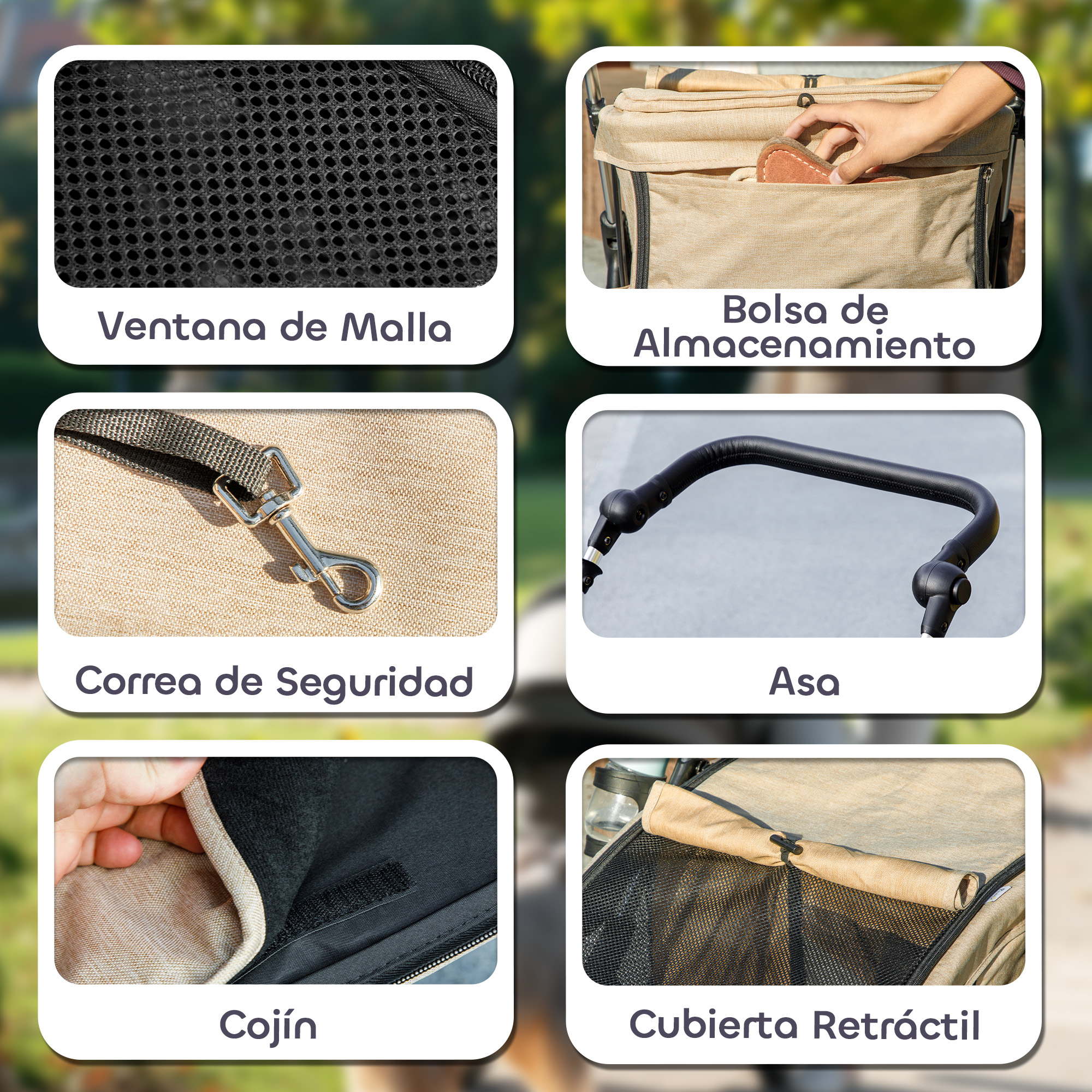 Ventana de malla, bolsa de almacenamiento, correa de seguridad, asa, cojín, cubierta retráctil.