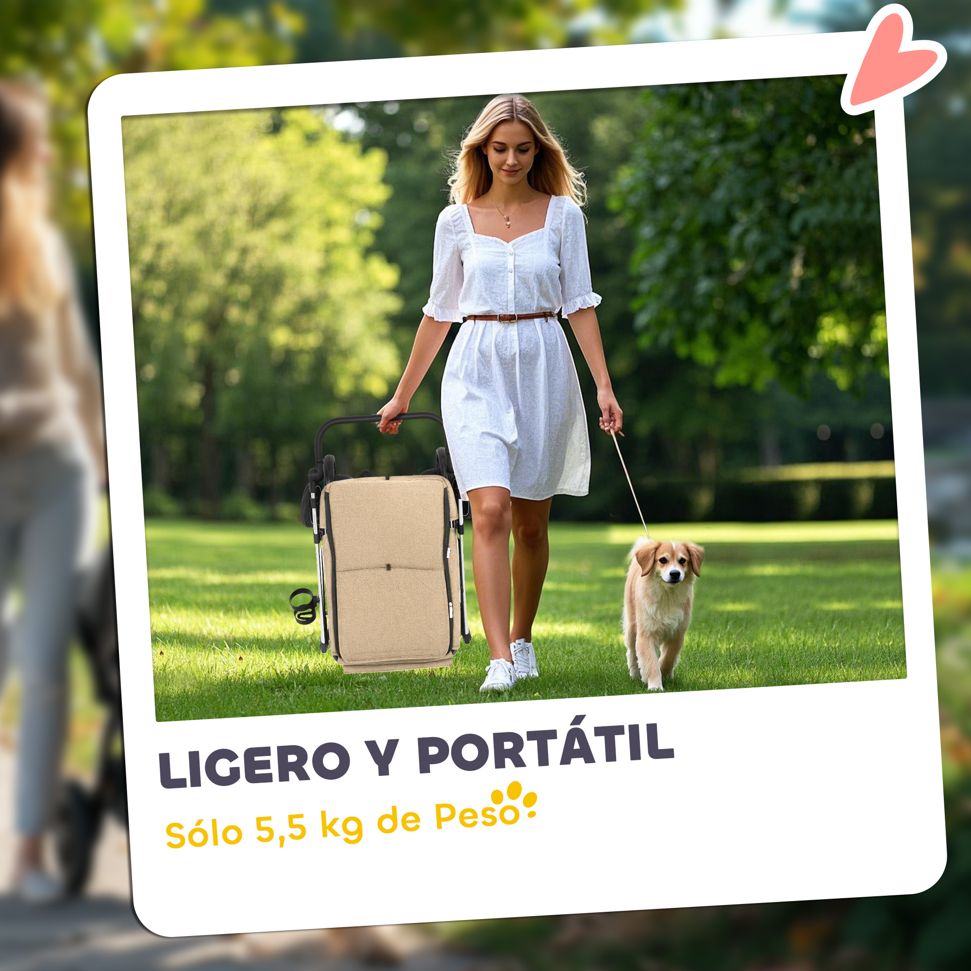 Una mujer pasea un perro y un carrito por el parque. Ligero y portátil.