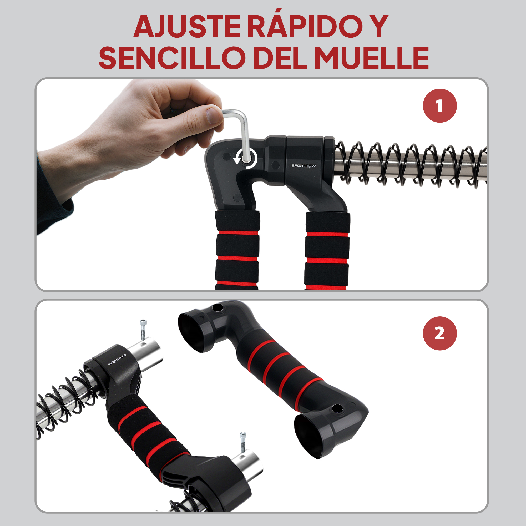 Mano inserta llave hexagonal plateada en aparato de ejercicio negro con rayas rojas.