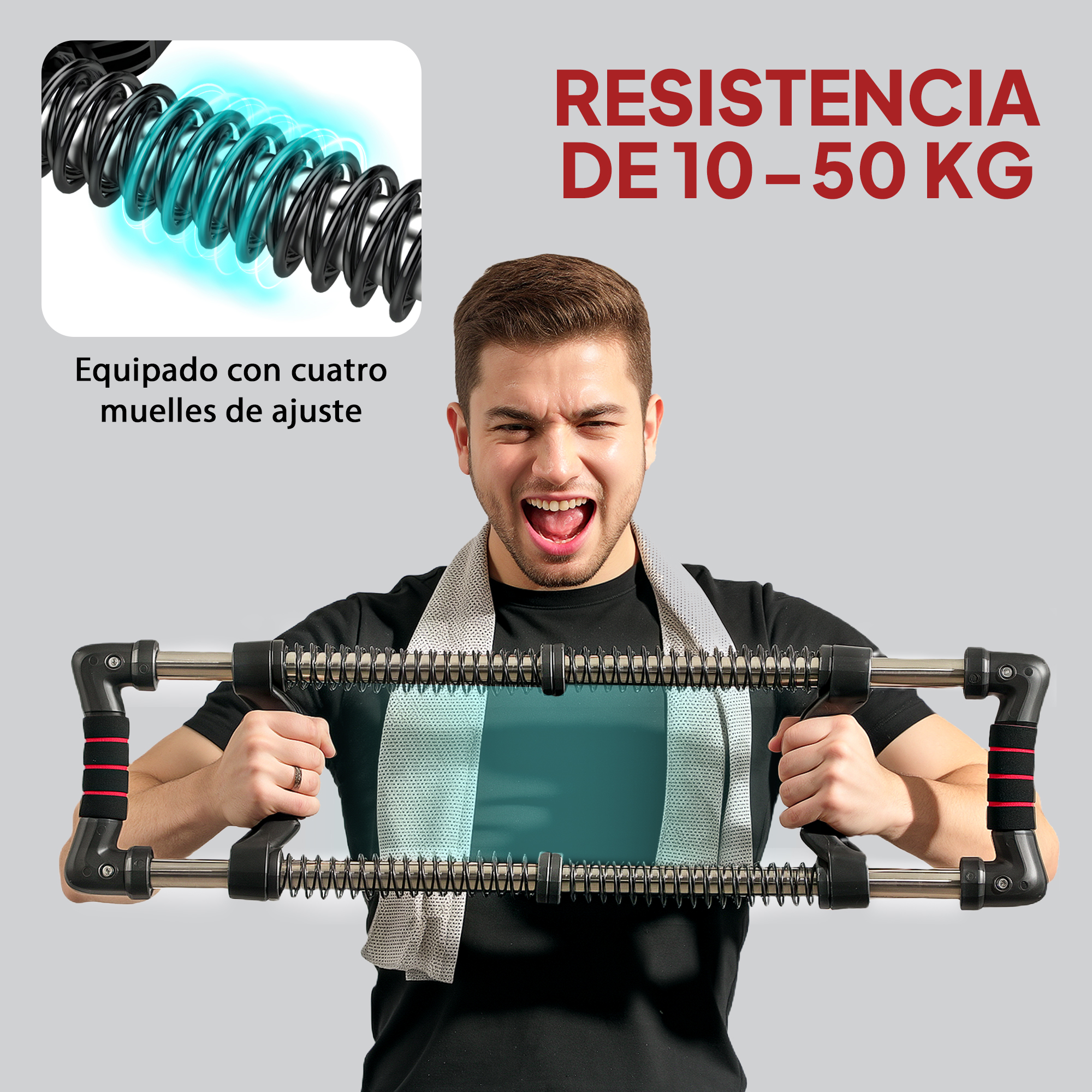 Hombre usa aparato de resistencia de 10-50 kg con cuatro resortes