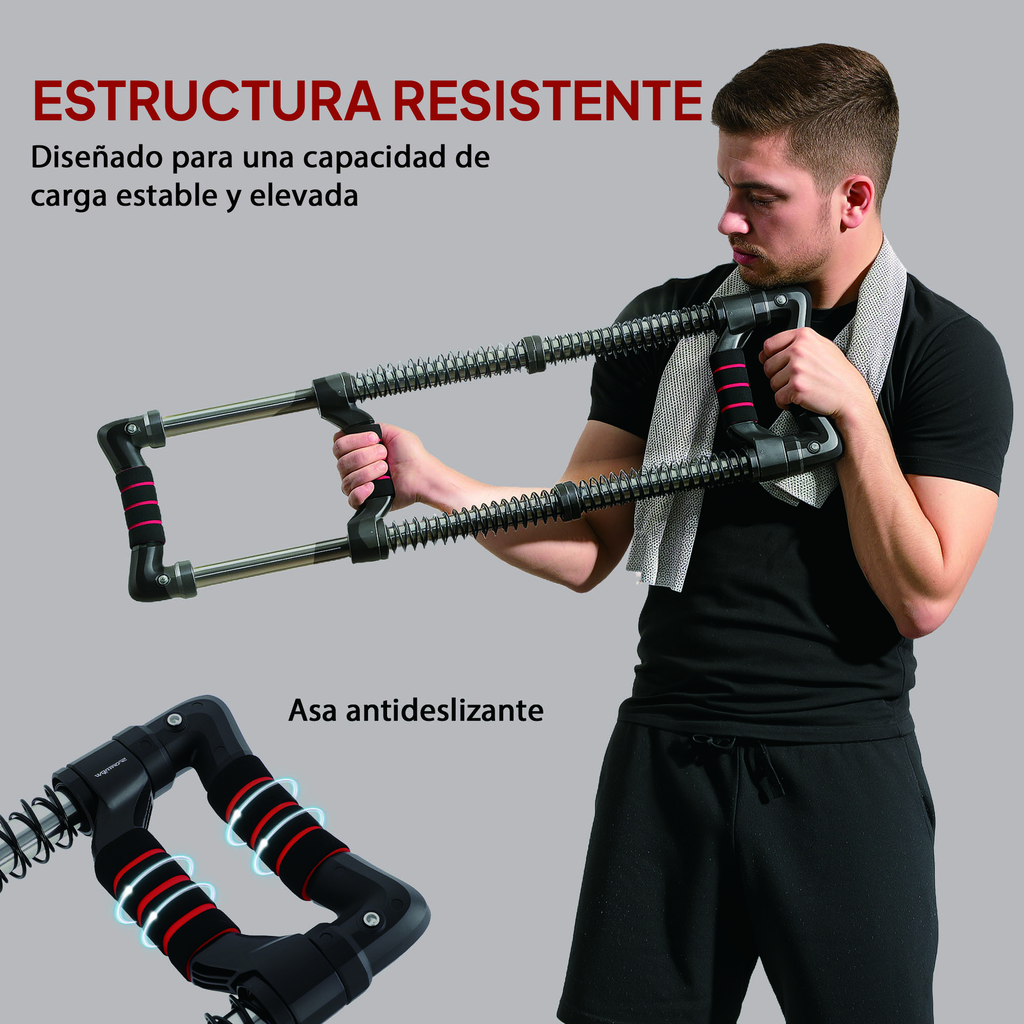 Hombre usando una barra de resistencia con brazos de resorte, diseñada para estabilidad.