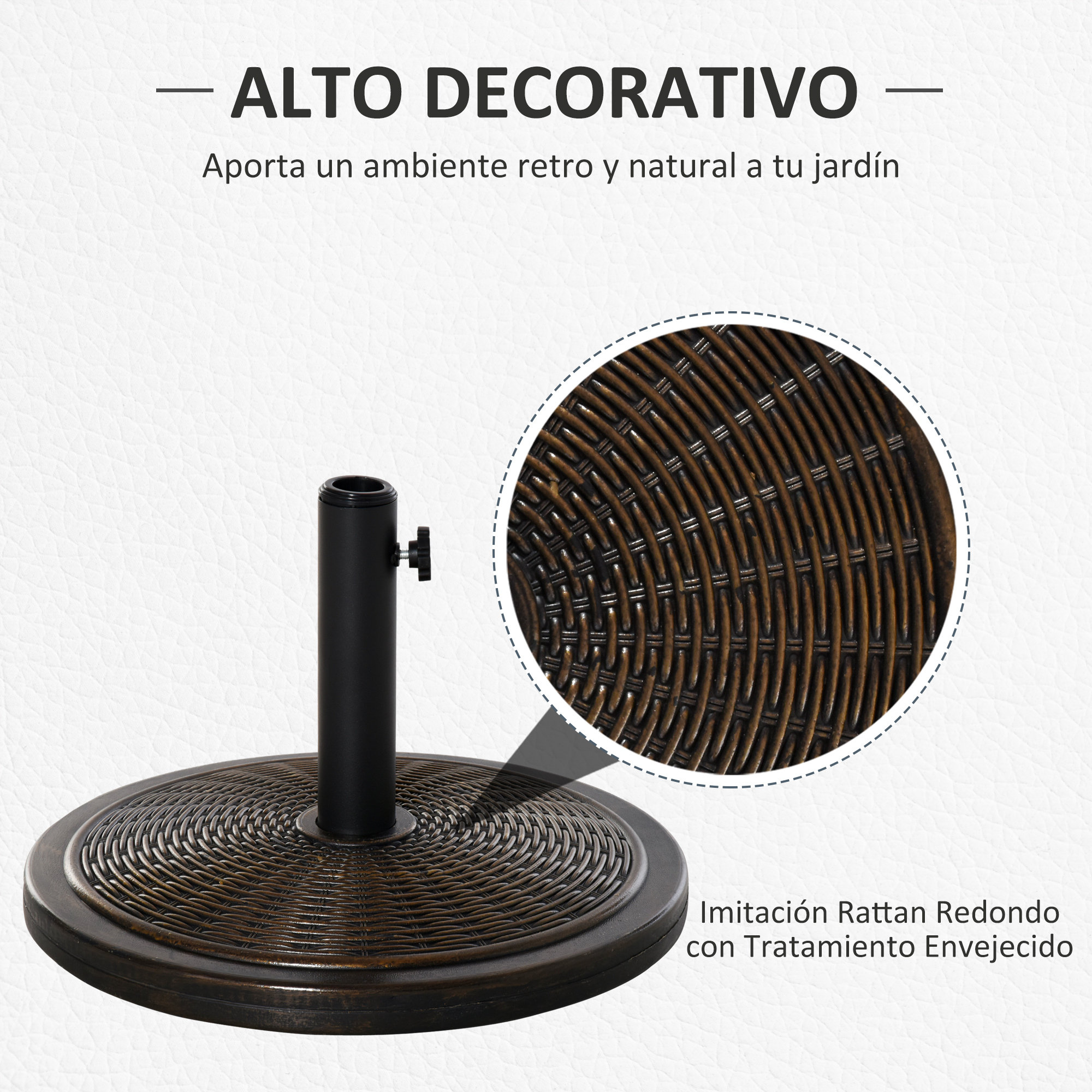 Un soporte redondo para sombrilla de imitación ratán marrón con poste negro.
