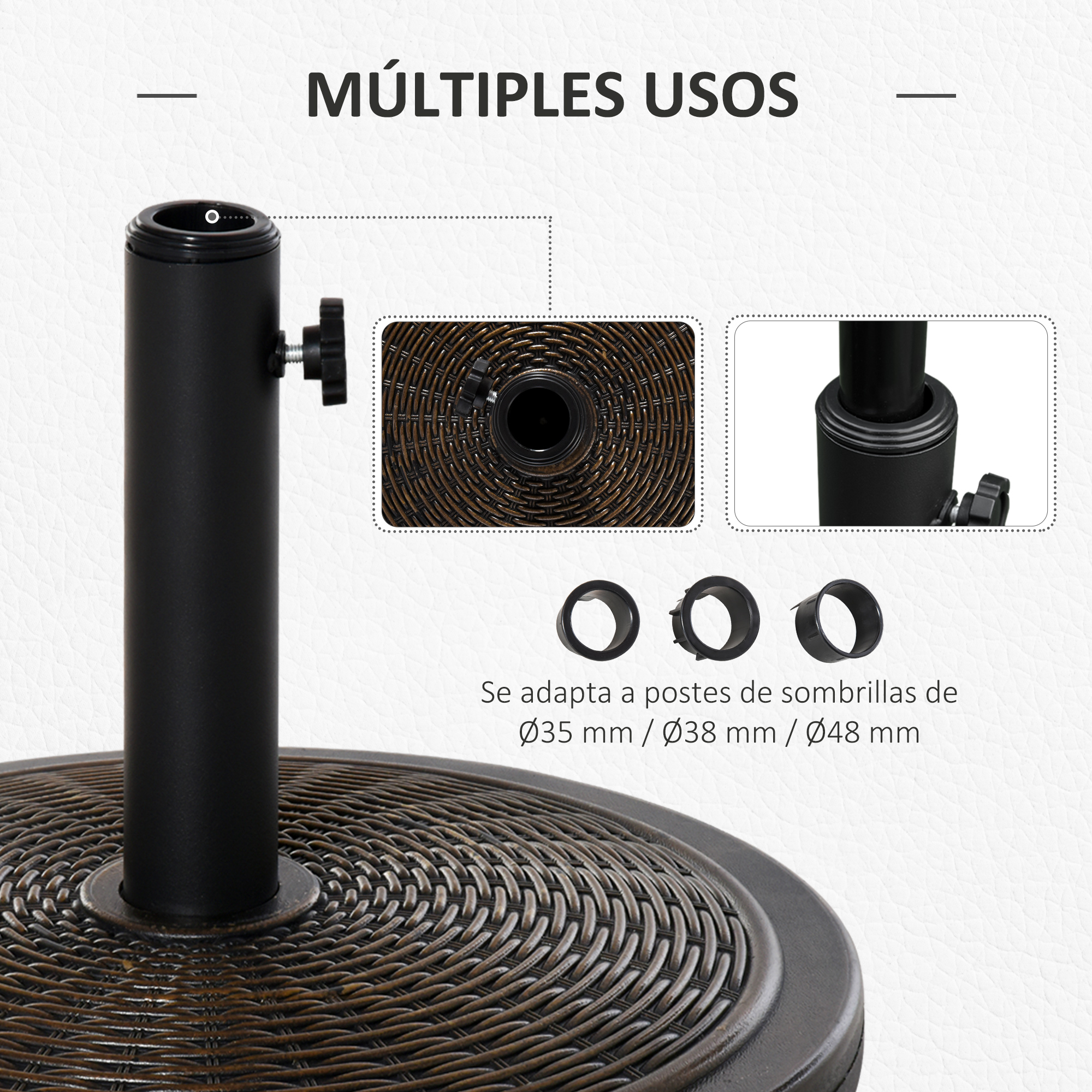 Un soporte para sombrilla negro con tres adaptadores y texto.