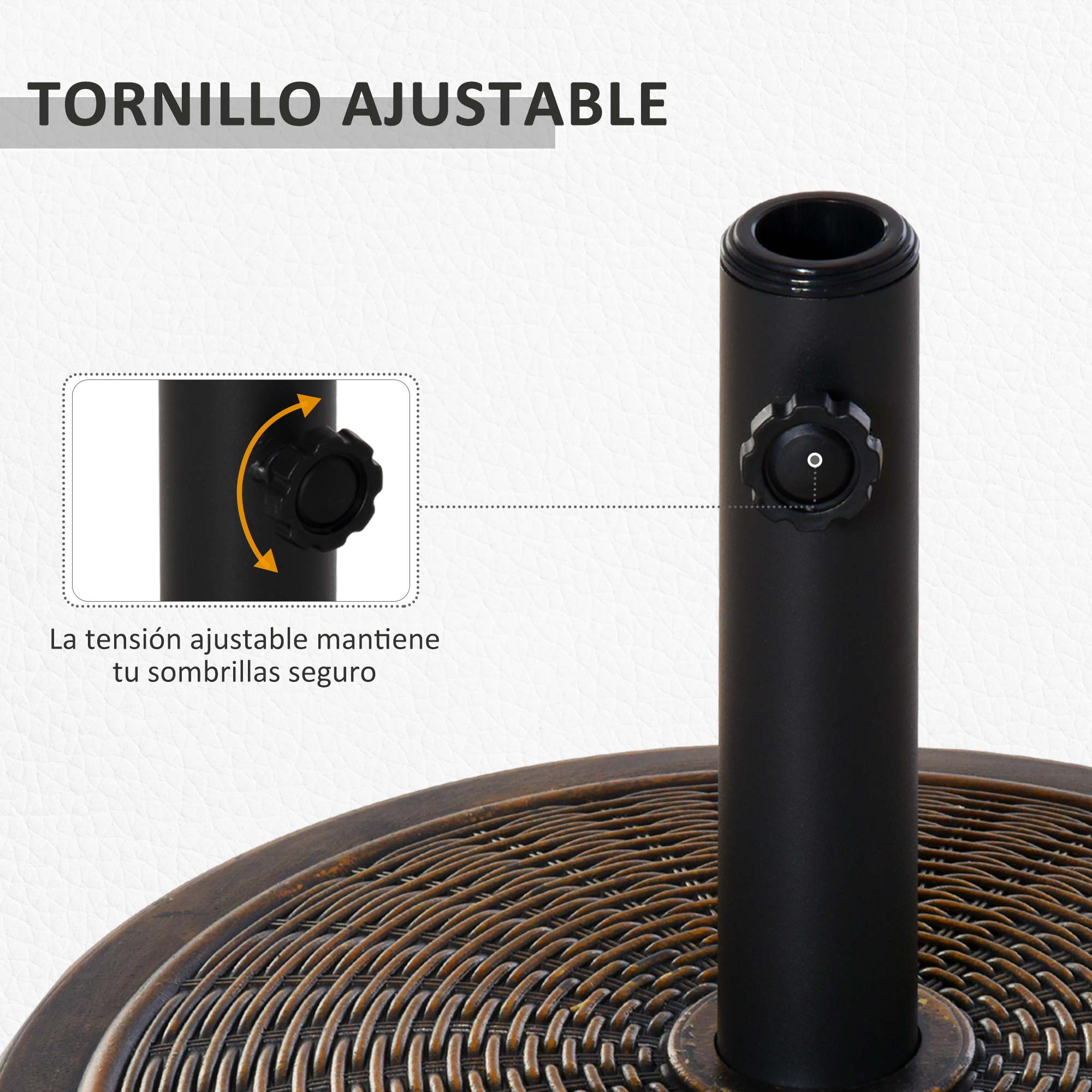 Soporte negro para sombrilla con botón ajustable y vista en detalle.