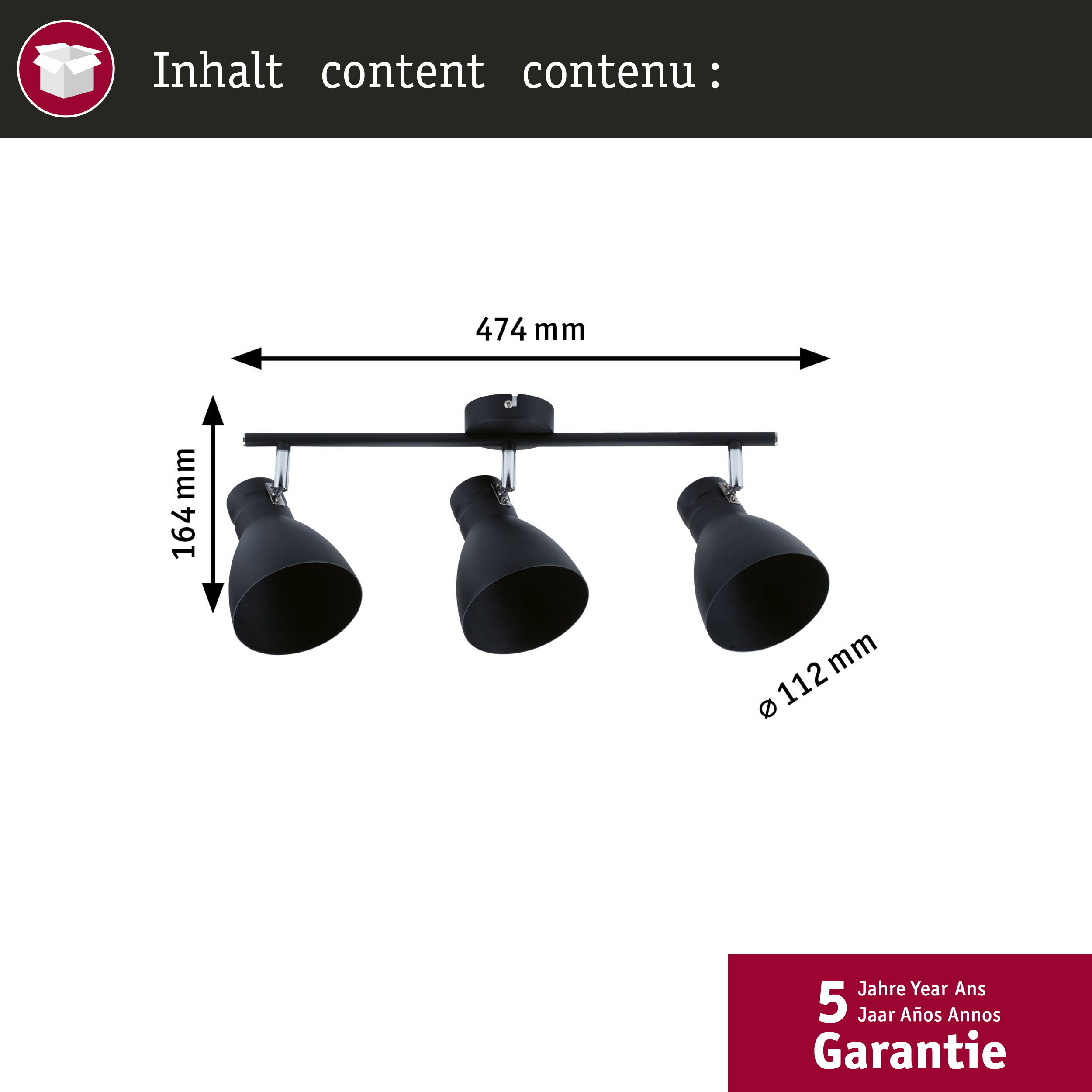 Plafoniera nera con tre faretti, larga 474mm, alta 164mm, diametro faretti 112mm.