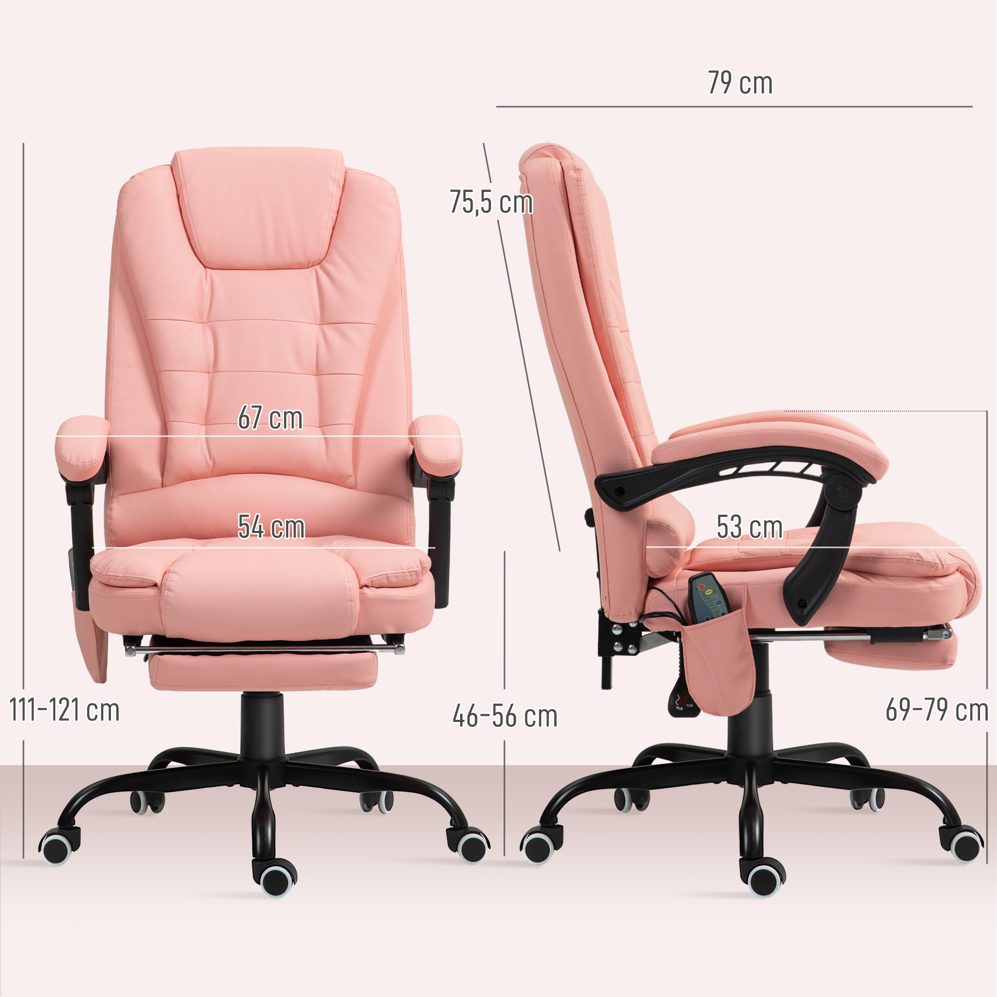 Una silla de oficina rosa mostrada de frente y de lado con medidas.