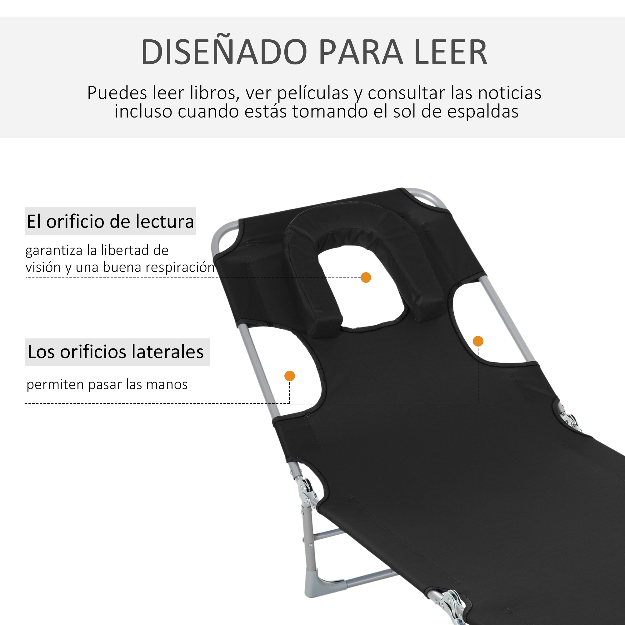 Tumbona negra con reposacabezas y aberturas laterales para manos.