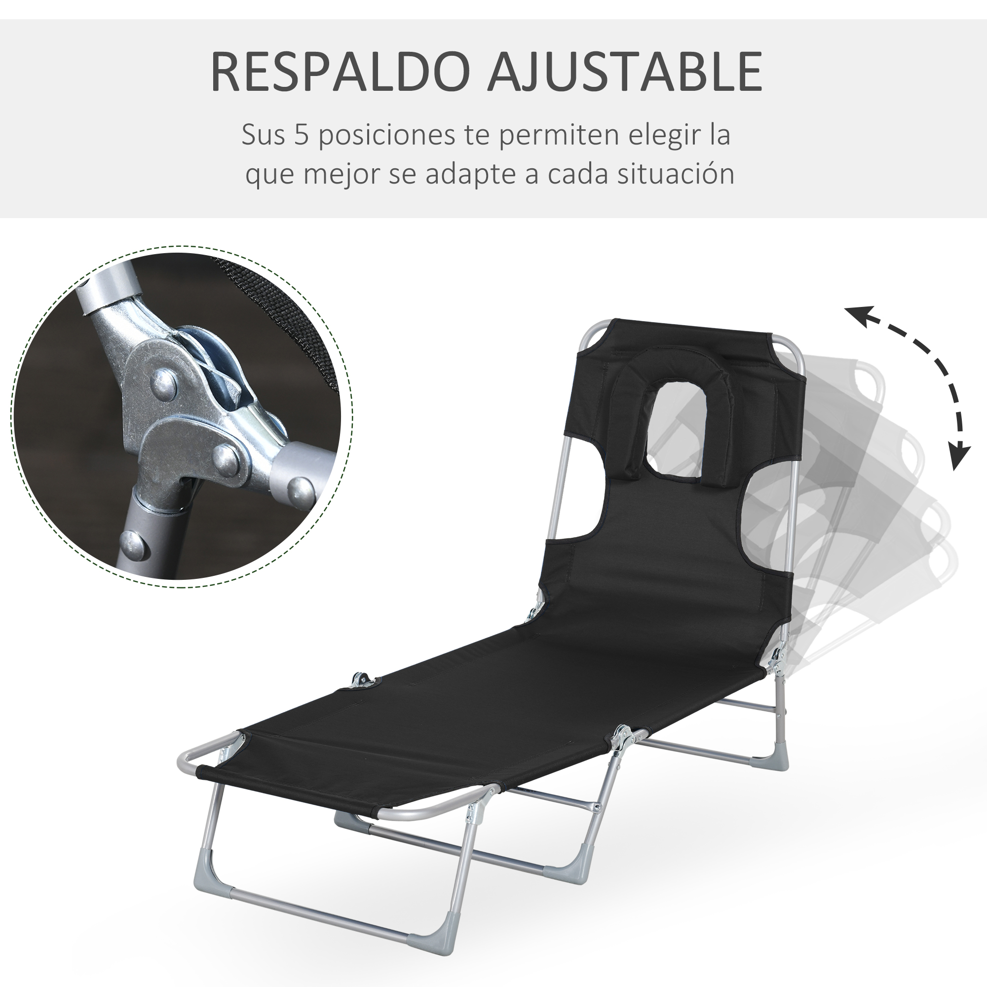 Una tumbona negra ajustable con marco de metal plateado y primer plano detallado.