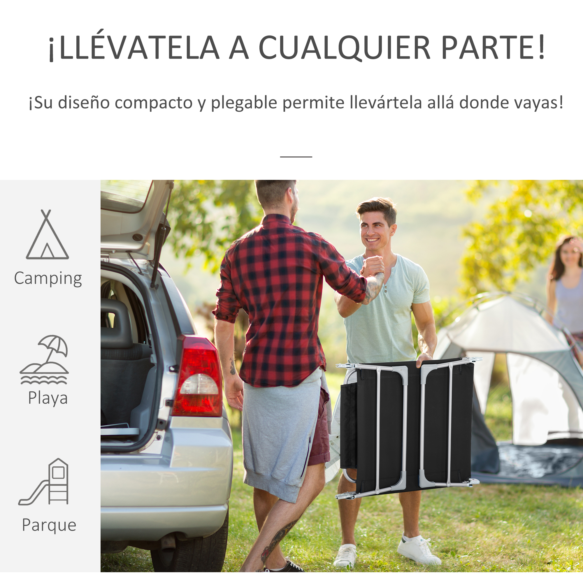Dos hombres en un parque con coche y tienda. Un hombre sostiene un objeto plegado.