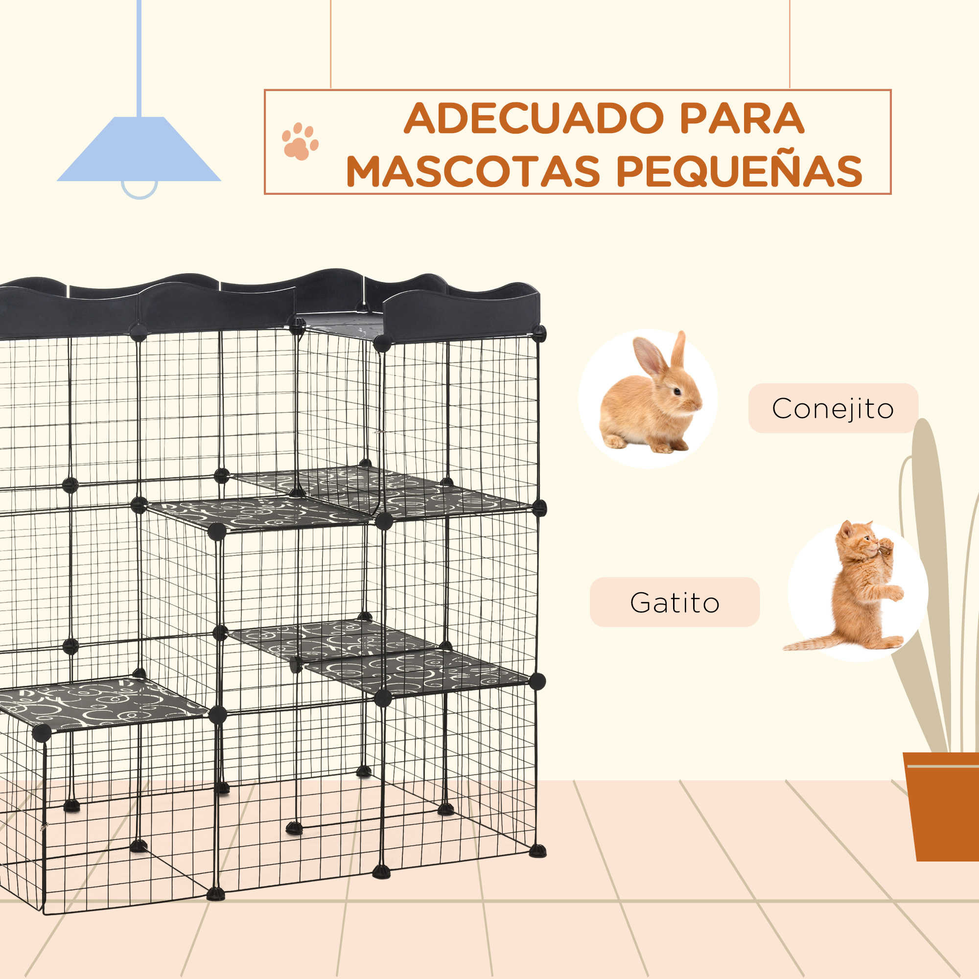 Una jaula de alambre negra para mascotas pequeñas con un conejo y un gato al lado.